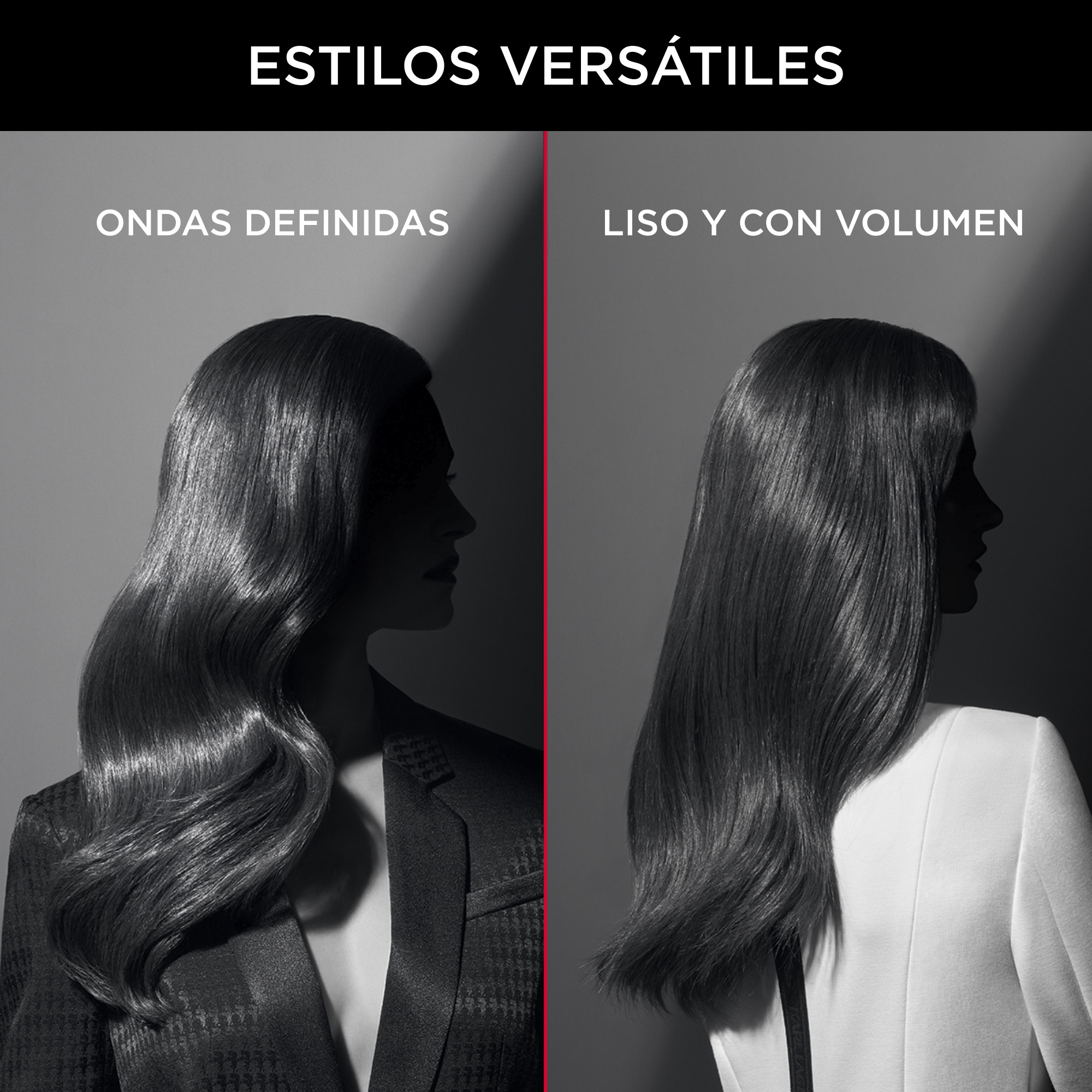 Siluetas de mujeres con cabello ondulado y liso, texto 'ESTILOS VERSÁTILES', fondo negro.