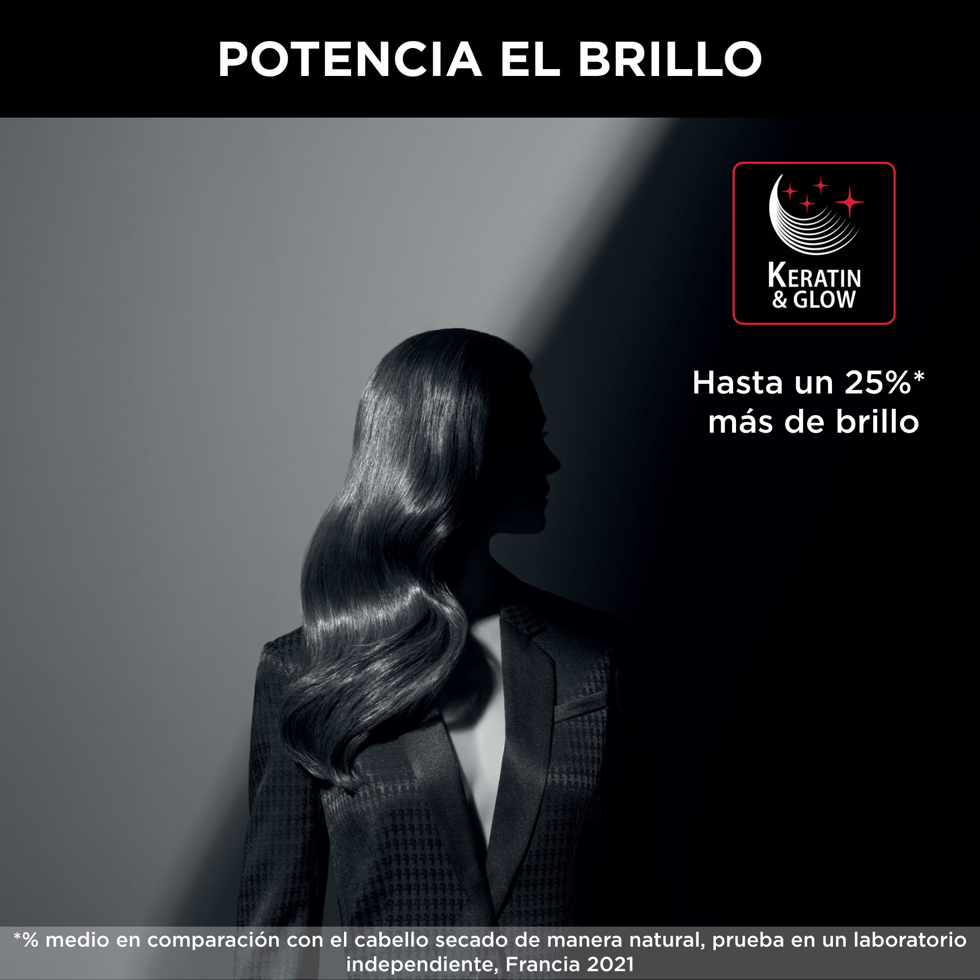 Una mujer con un traje oscuro. La imagen promueve el brillo capilar con Keratin & Glow.