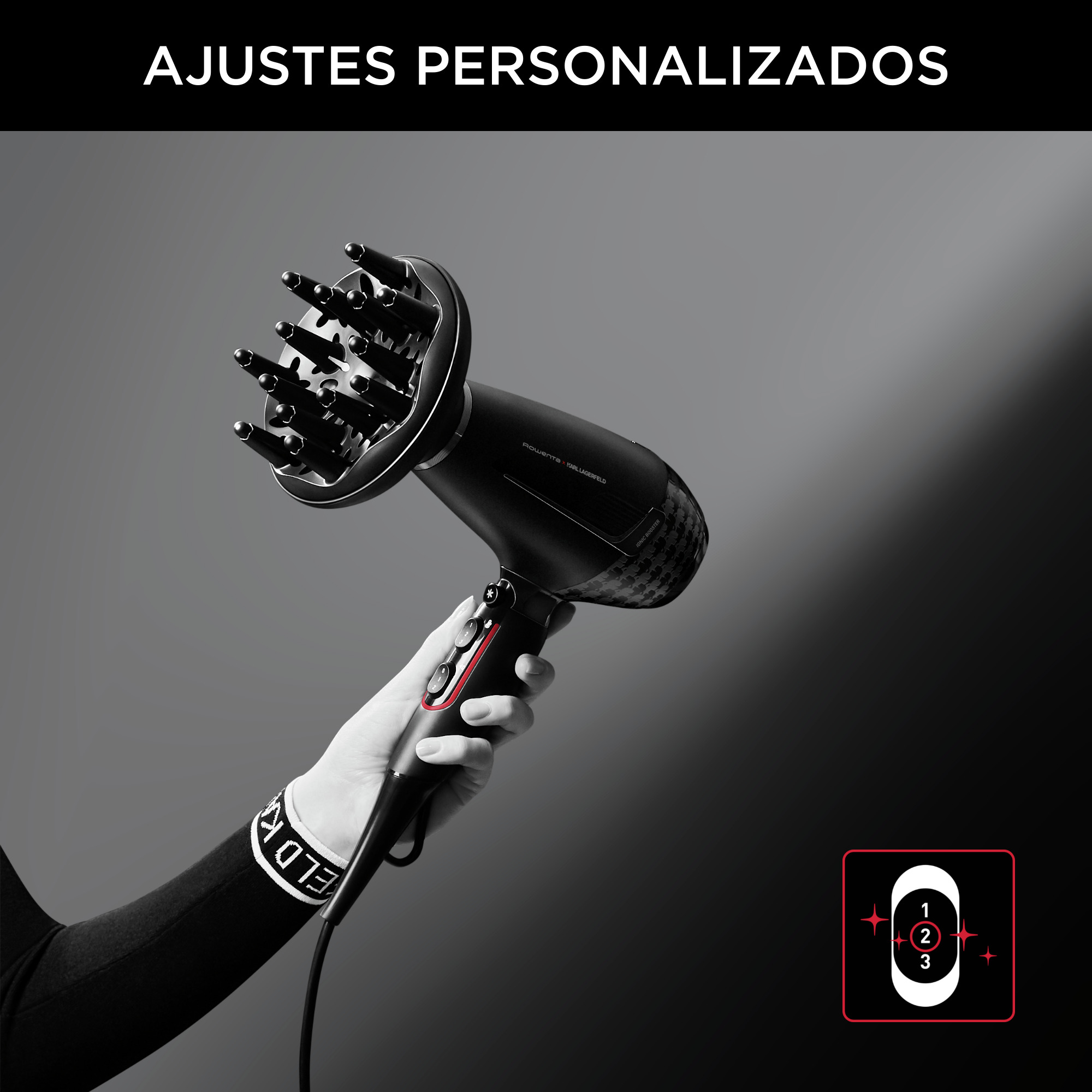 Una persona sostiene un secador de pelo negro. El texto “AJUSTES PERSONALIZADOS” está arriba.