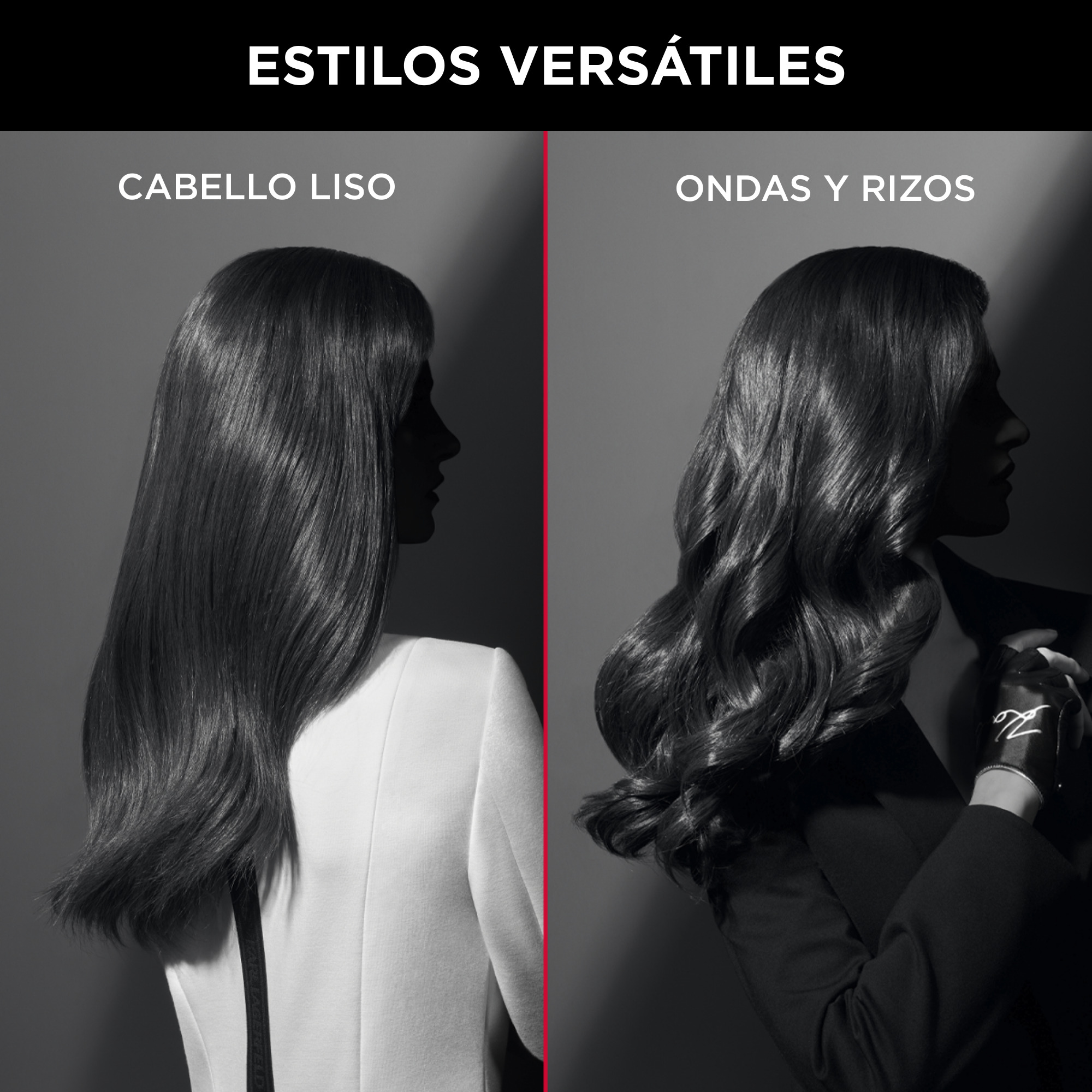 Dos mujeres con peinados, una con pelo liso, la otra con pelo ondulado, en un estudio.
