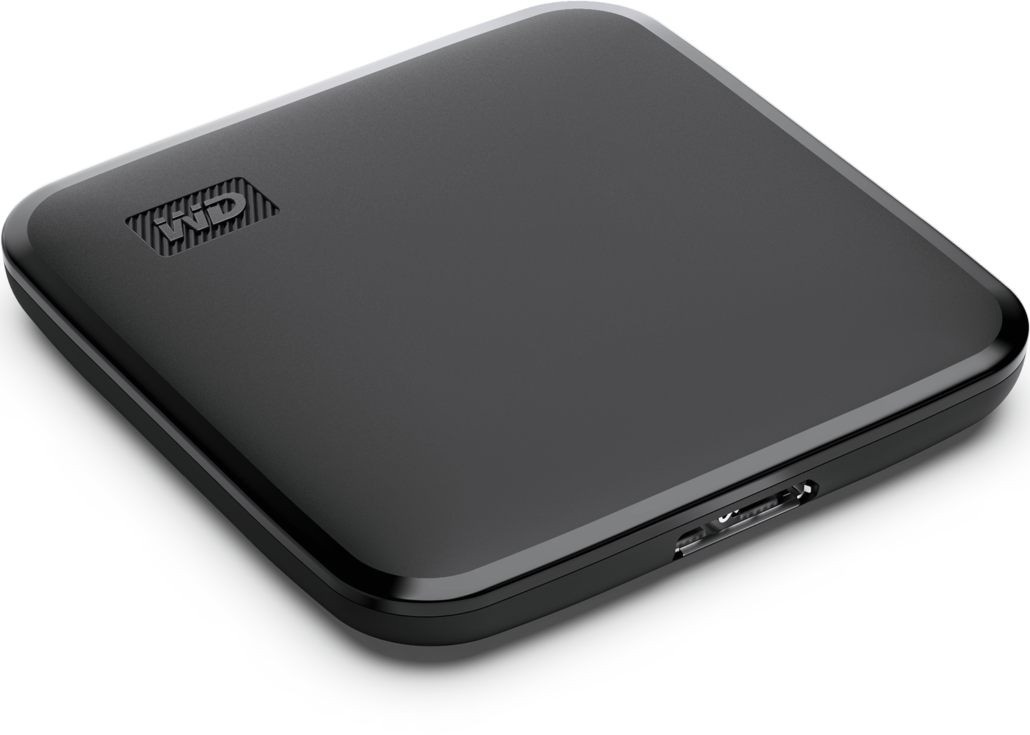 Black, rectangular external hard drive with a USB port.