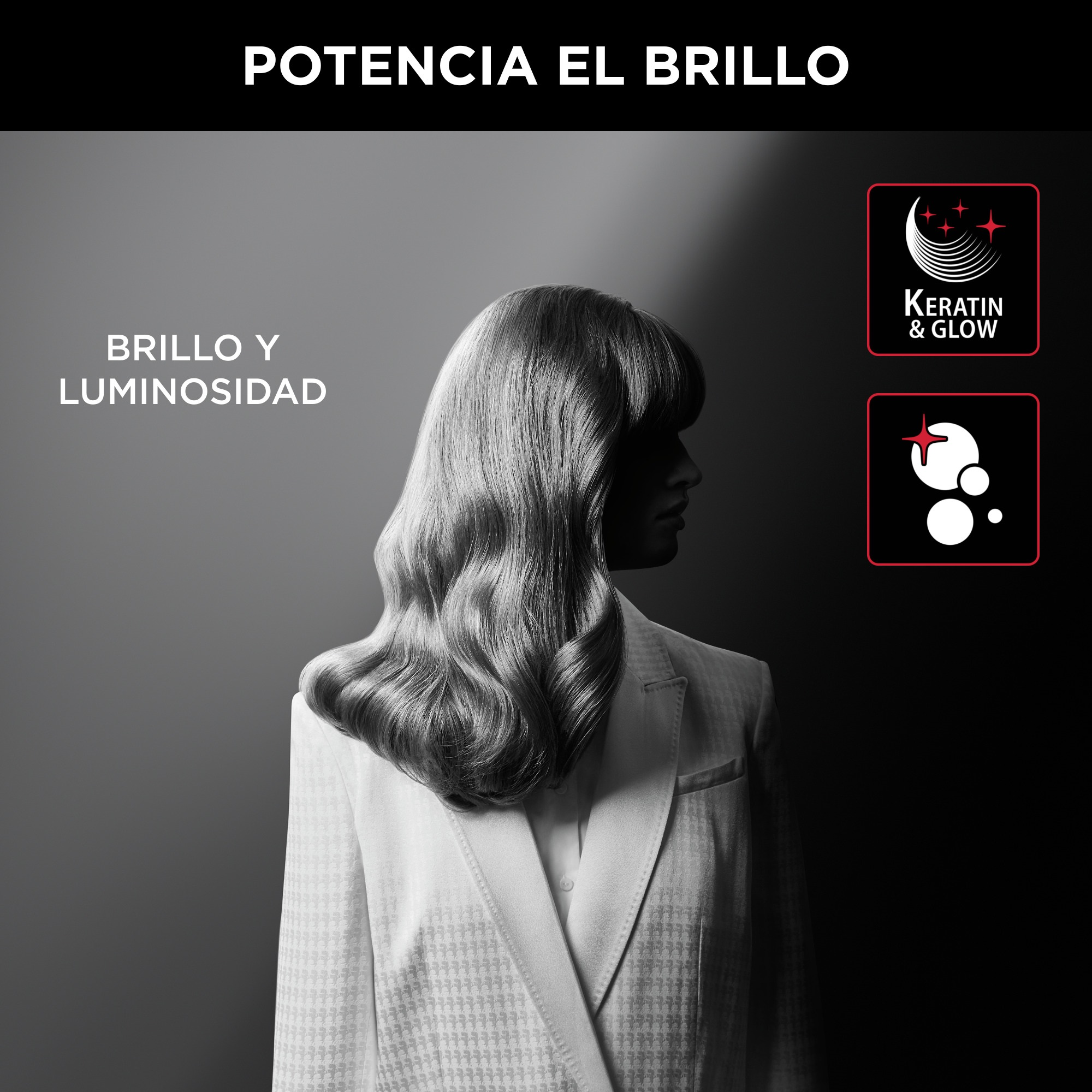 Mujer con chaqueta blanca y cabello brillante, promoción de producto.