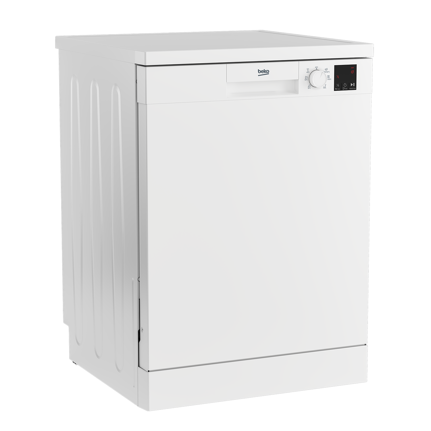 White dishwasher in a kitchen setting, with a black background.