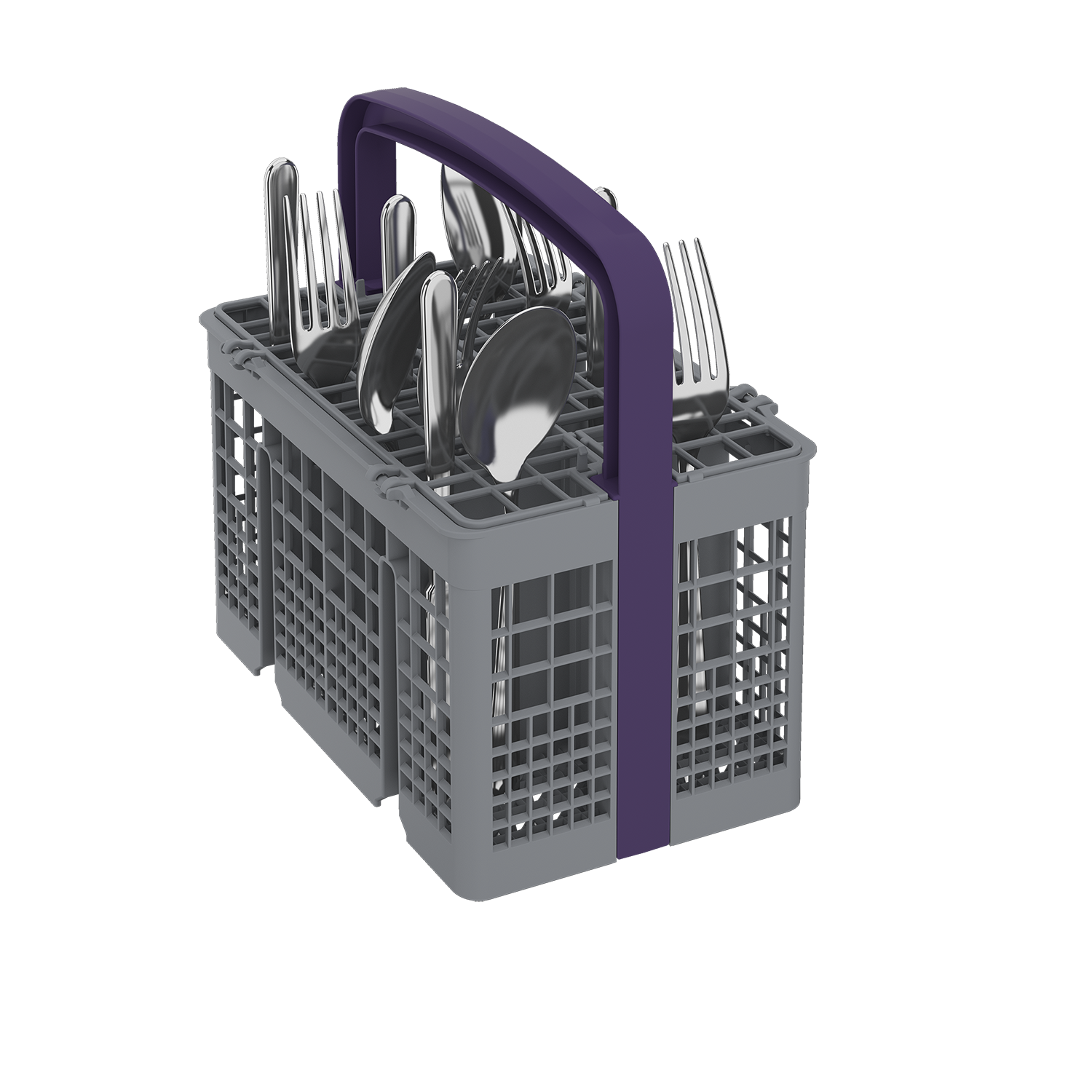 A dishwasher basket filled with silverware, displayed against a dark background.