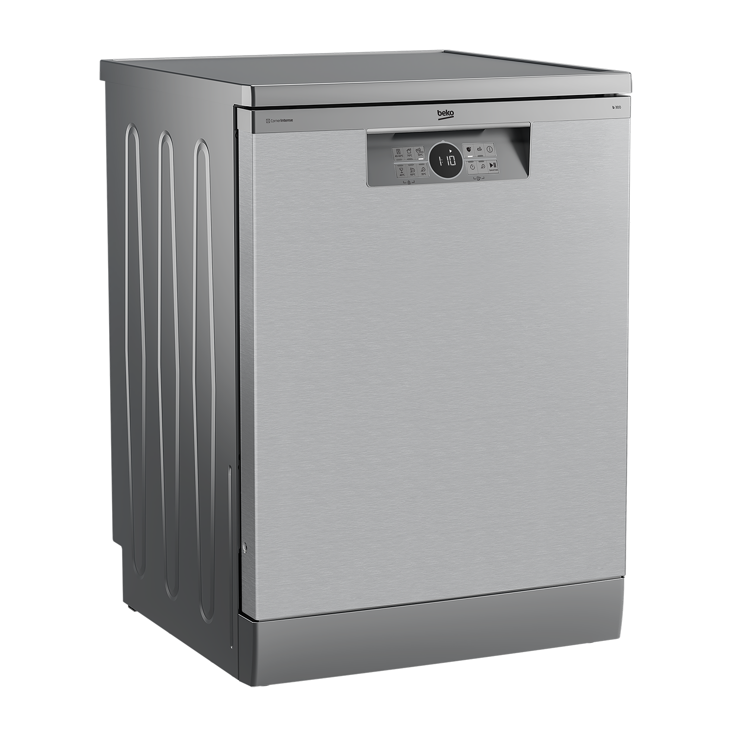 A stainless steel Beko dishwasher on a black background. The front has a control panel with buttons and a digital display.