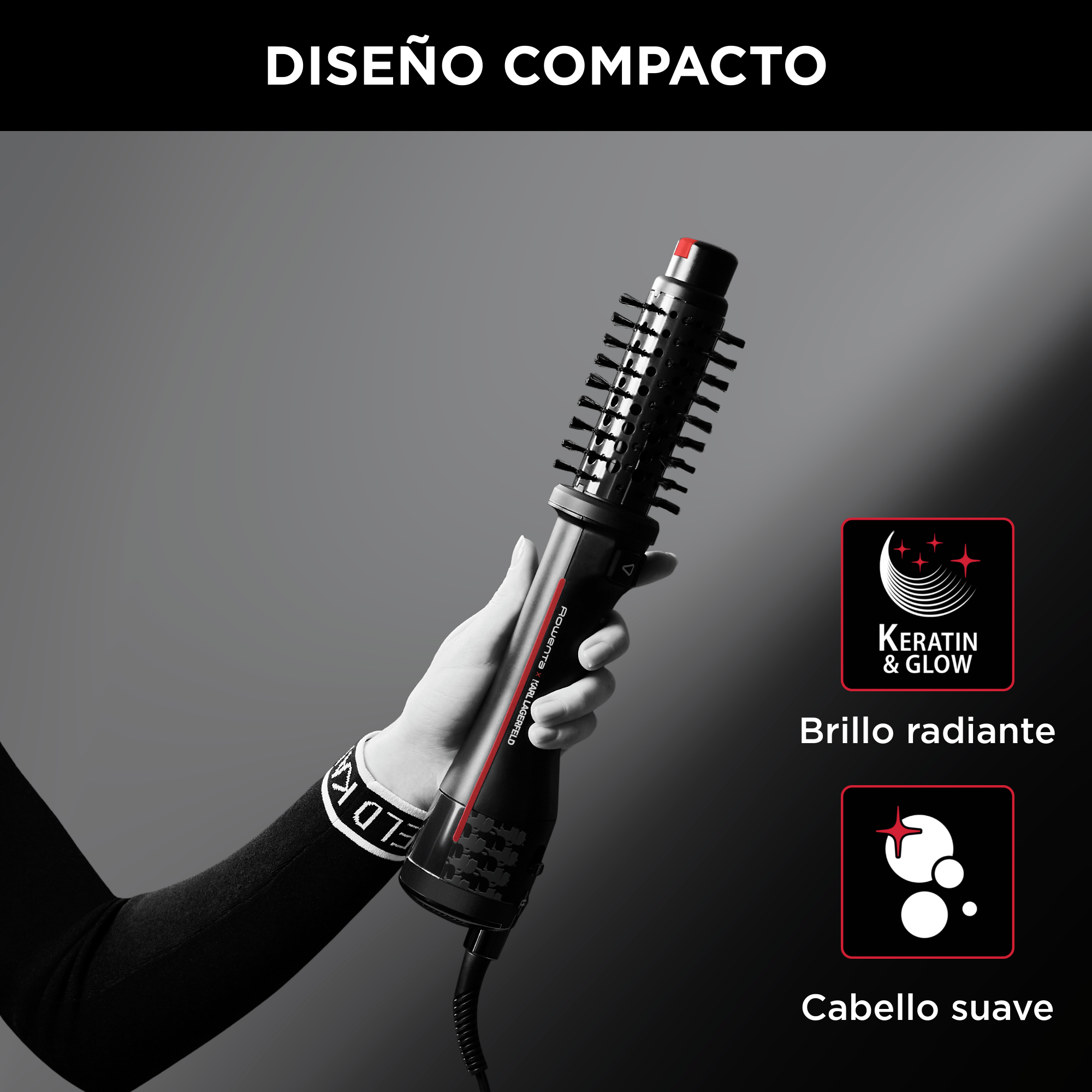 Mujer sosteniendo un moldeador de cabello negro y rojo. Dos iconos de cuidado capilar visibles.