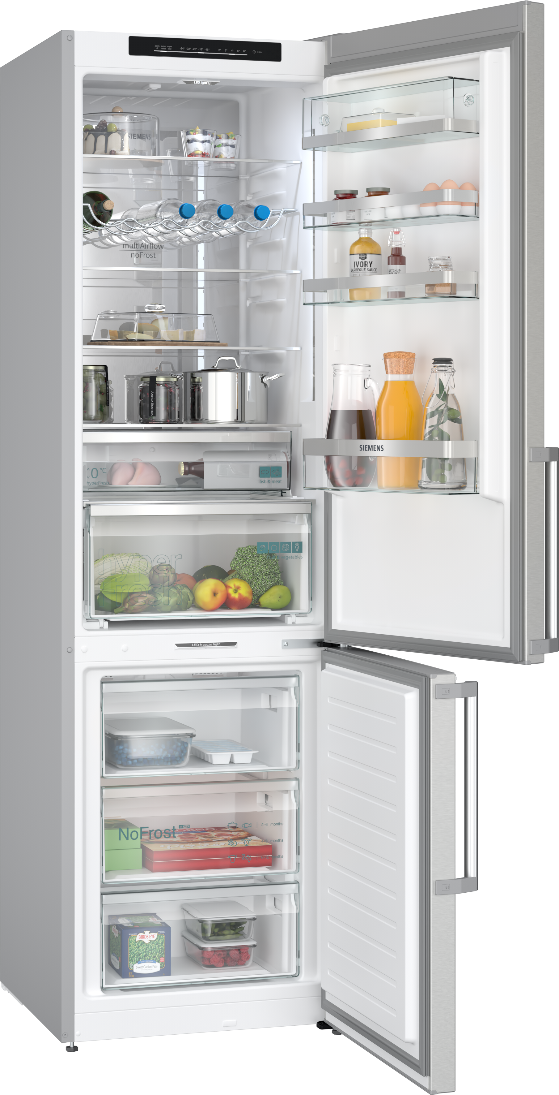 Ein Edelstahlkühlschrank mit geöffneten Türen, zeigt Regale und Inhalt.