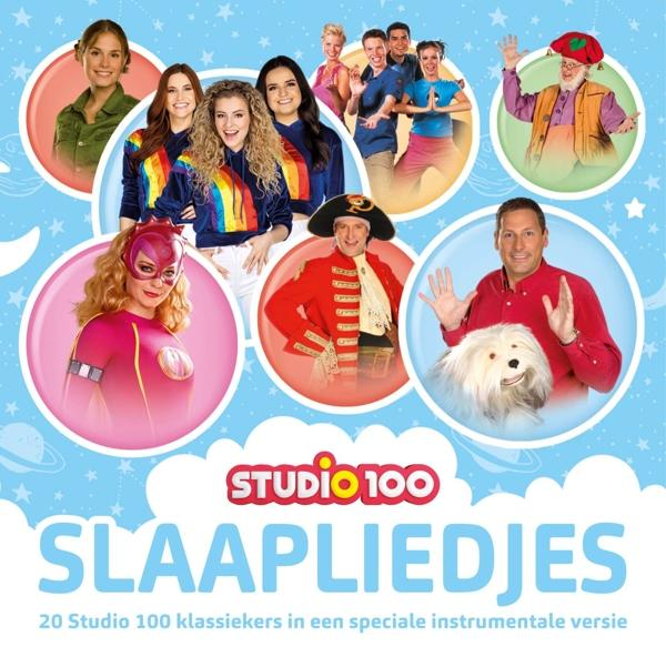 Albumcover met kinderfiguren in cirkels. Titel: 'Slaapliedjes' (Slaapliedjes) van Studio 100.