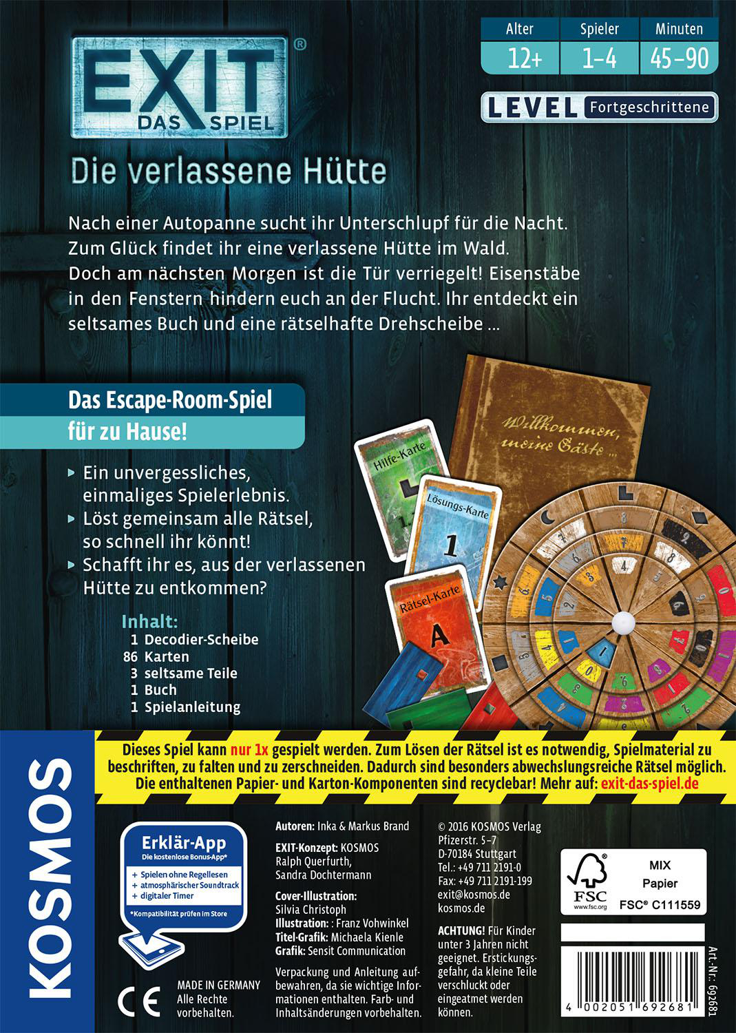 KOSMOS Das - Spiel/Die verlassene Mehrfarbig EXIT Hütte Brettspiel