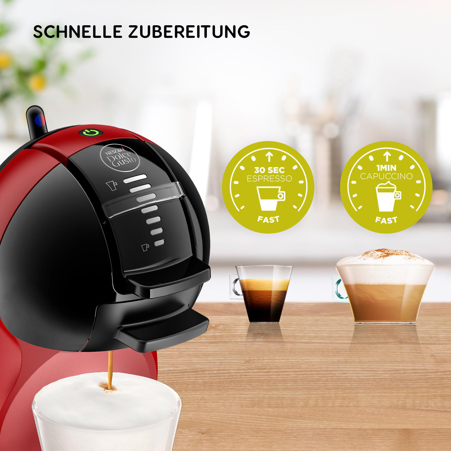 Rote Kaffeemaschine mit einer Tasse, die Kaffee ausgibt, und zwei grünen Symbolen, die Espresso- und Cappuccino-Zeiten anzeigen.