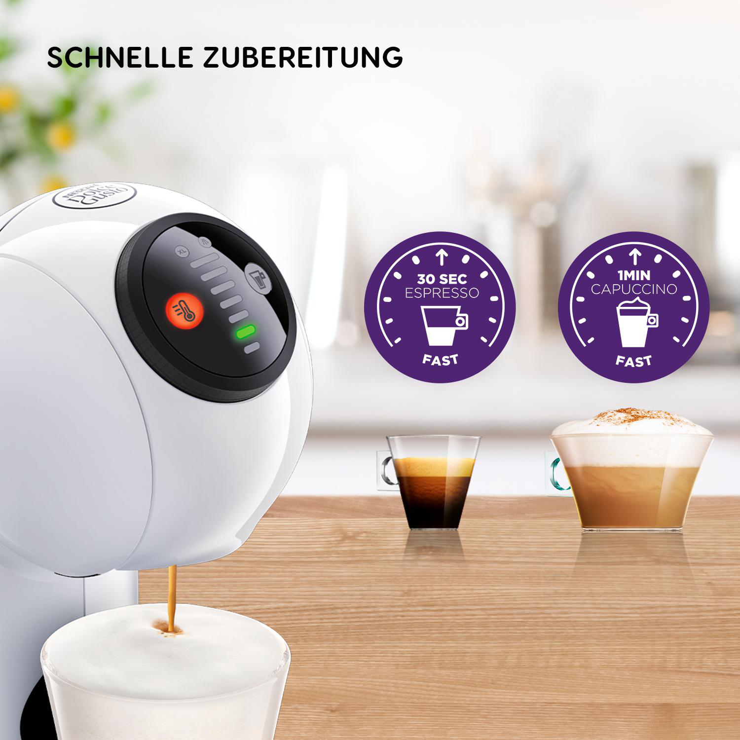 Kaffeemaschine gießt Kaffee in ein Glas, mit zwei Tassen und Text.