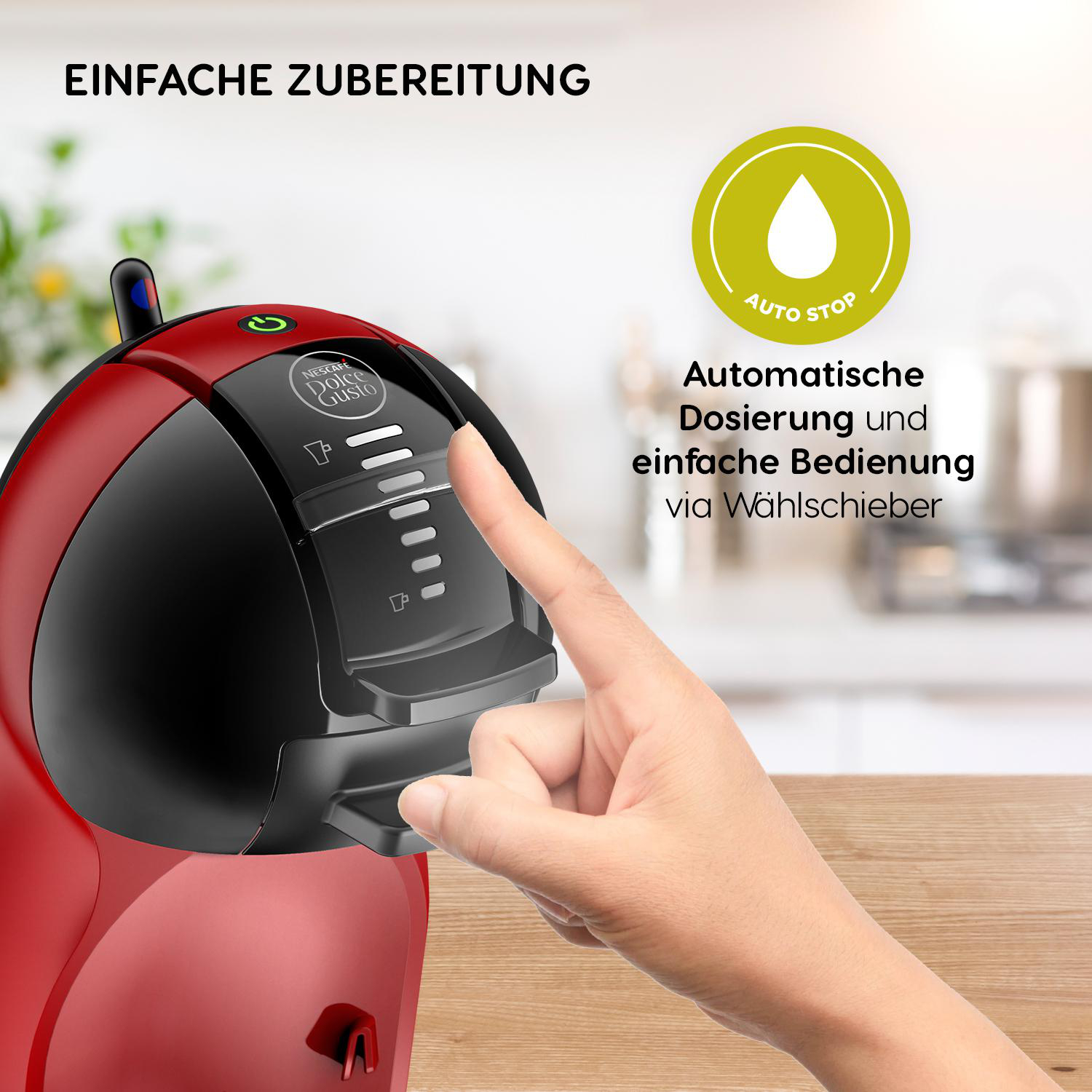 Eine rot-schwarze Kaffeemaschine, auf die eine Hand zeigt. Text: 'Automatische Dosierung'.