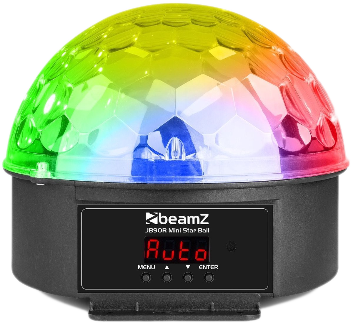 Un boule disco avec des lumières colorées. Base noire avec un affichage numérique, sur fond blanc.
