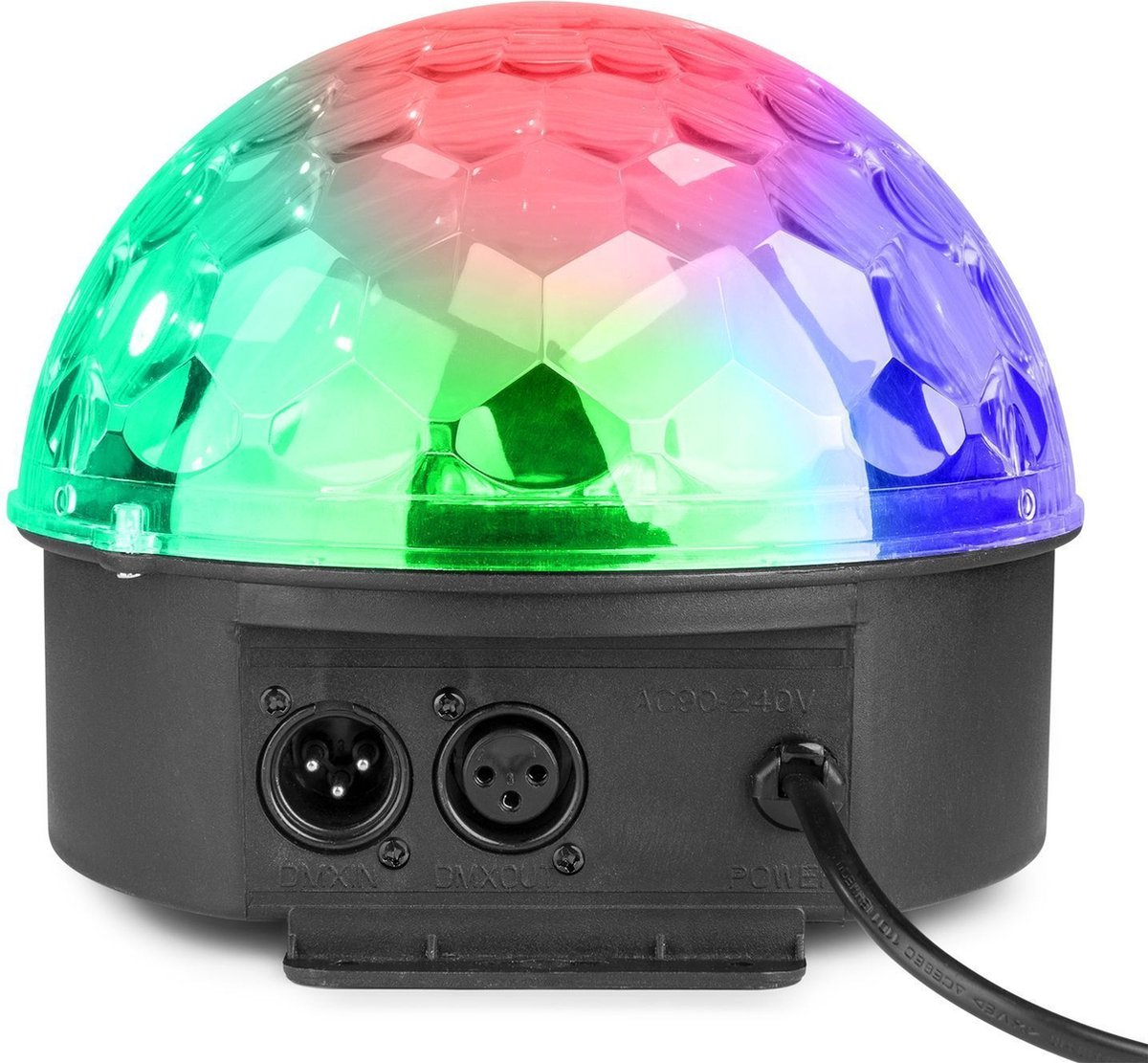 Une boule disco avec des lumières colorées. Elle a une base noire avec des connecteurs d'alimentation et DMX.