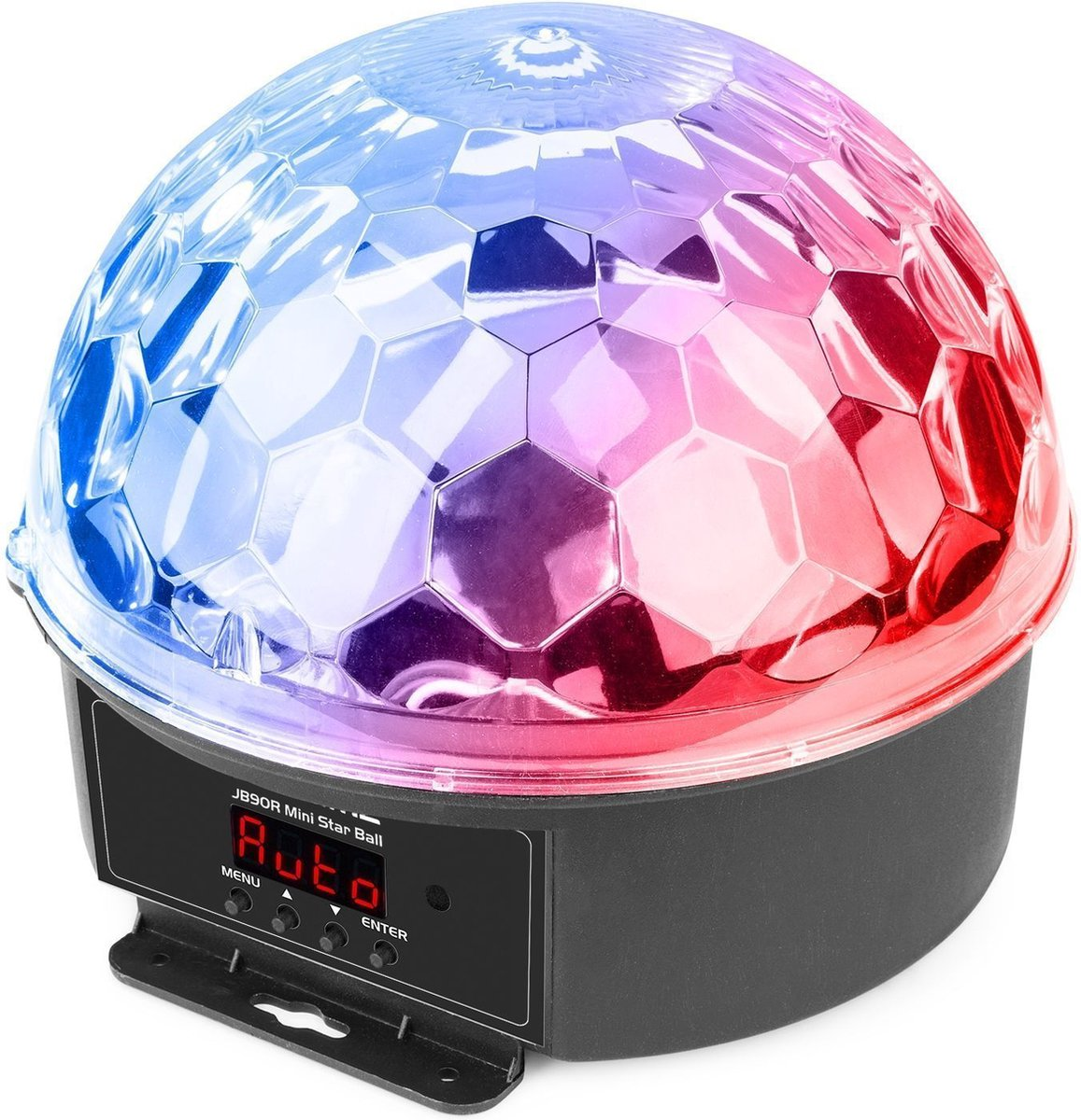 Une boule disco avec une base noire et un dessus sphérique qui affiche des couleurs rouges et bleues.