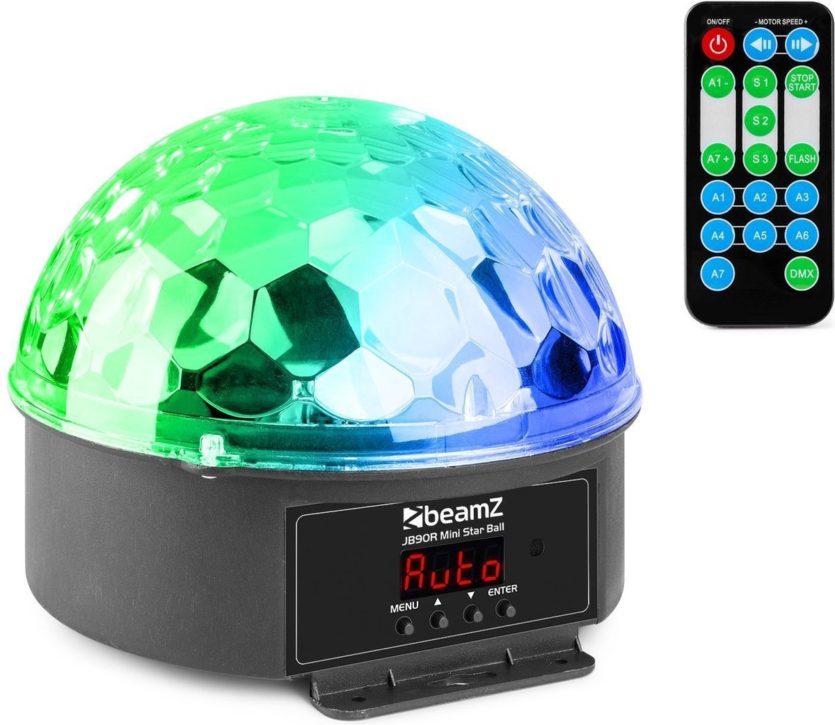 Boule à facettes avec lumières multicolores et télécommande; base noire.