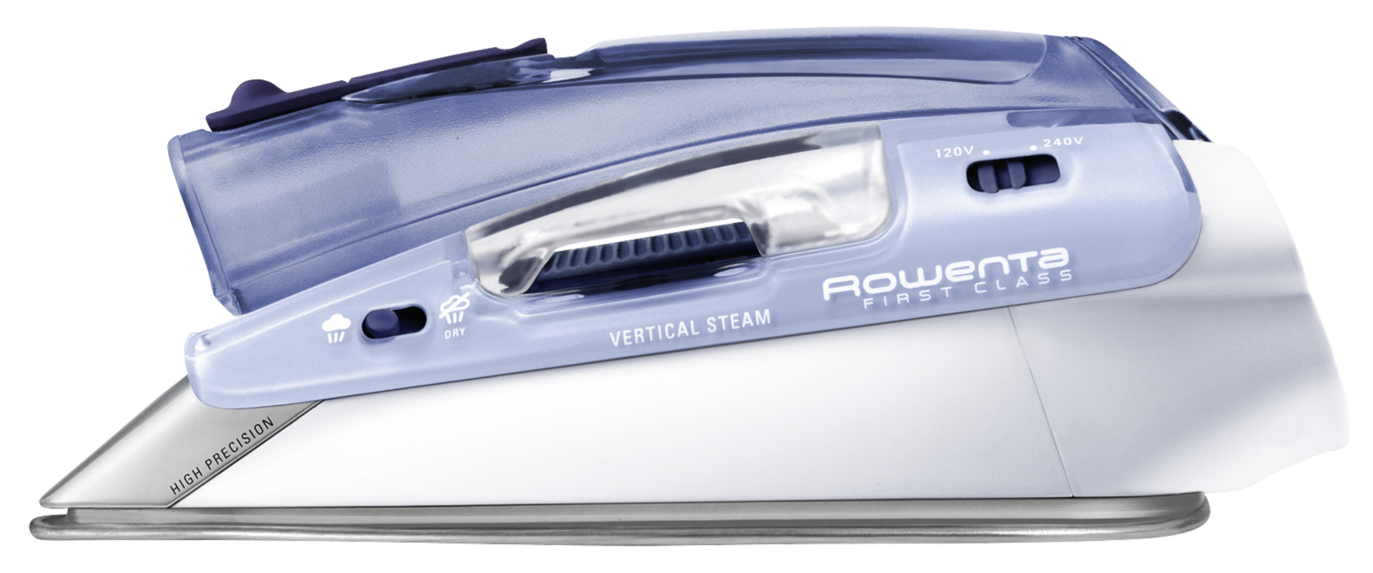 Plancha Rowenta con detalles azules. Es blanca y tiene un depósito de agua transparente. La palabra 'Rowenta' es visible.