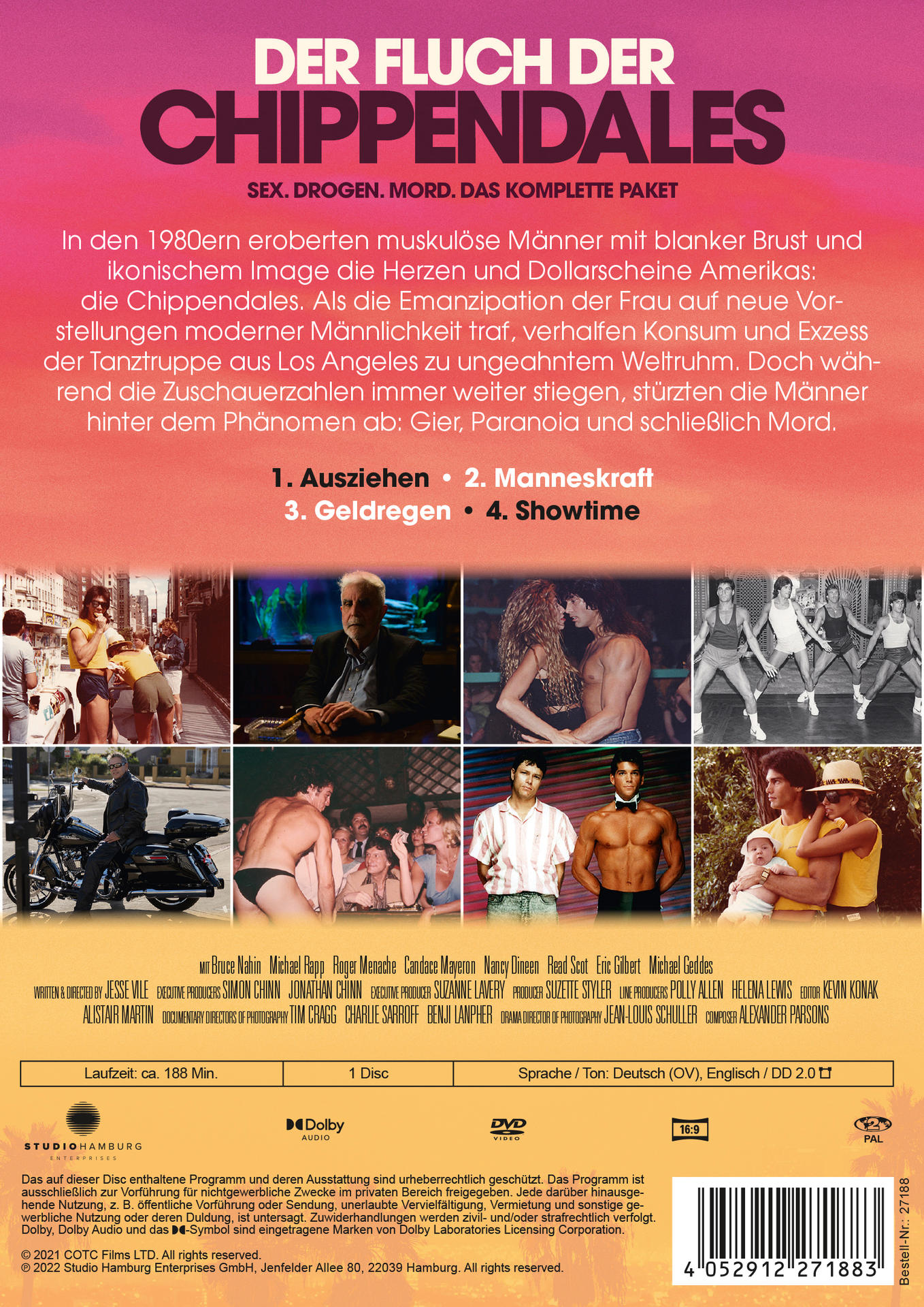 DVD-Cover: 'Der Fluch der Chippendales'. Männer in Anzügen und tanzende Männer ohne Hemd.