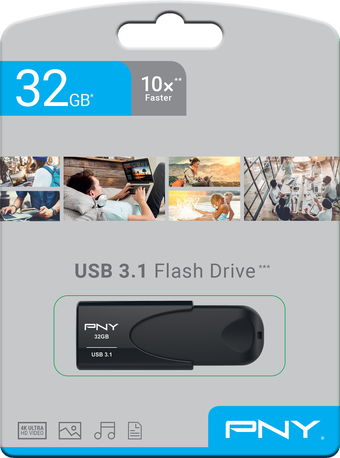USB 3.1 flash drive in packaging. The package displays the drive, text, and graphics.