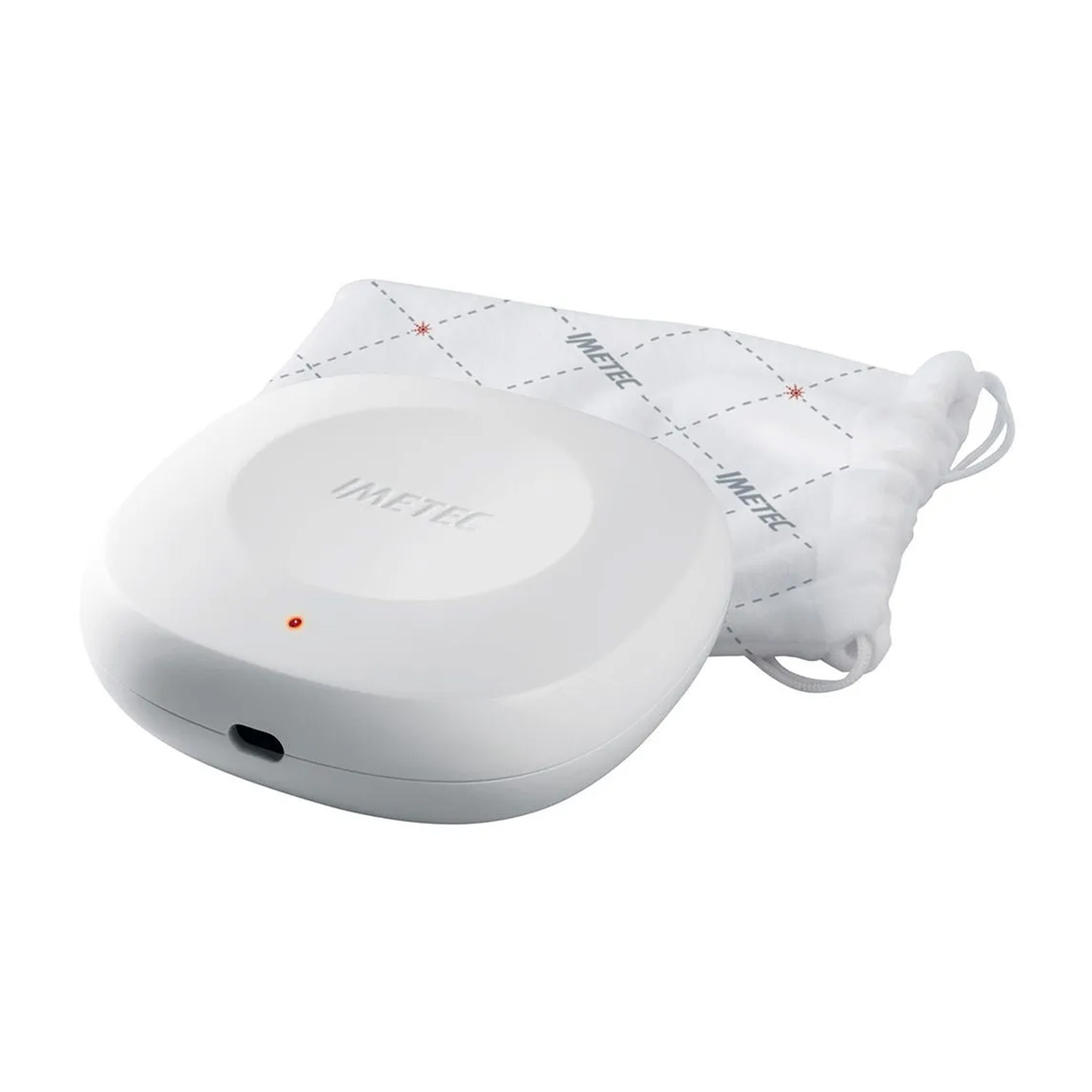 Dispositivo IMETEC bianco e rotondo e un sacco bianco con il logo IMETEC.