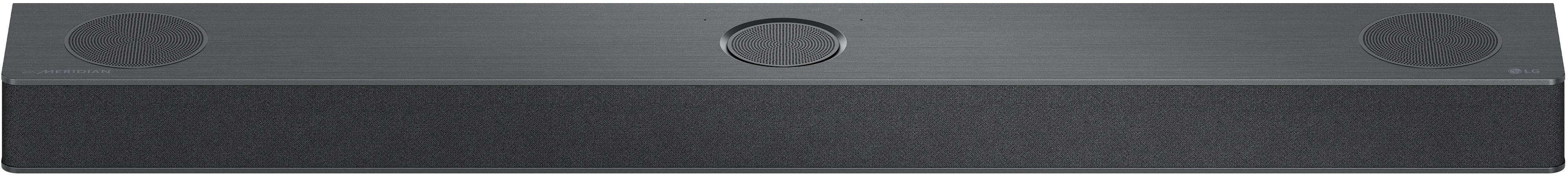 Eine lange, dunkelgraue Soundbar. Sie hat zwei Lautsprecher und einen Mittelkreis.