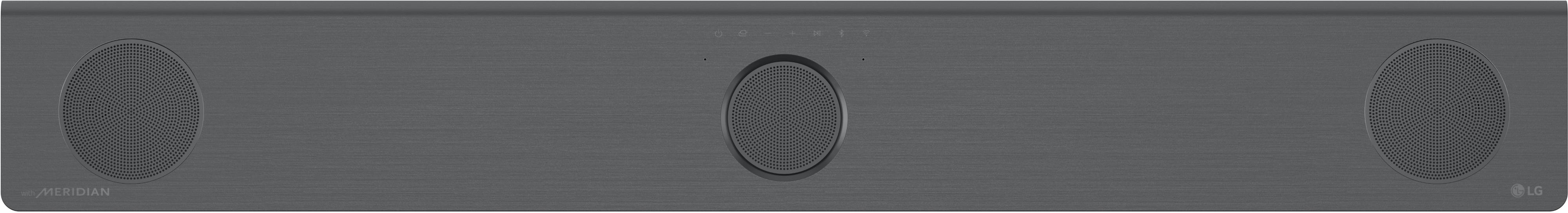 Eine dunkelgraue Soundbar mit 3 Lautsprechern. Die Marke ist LG und das Modell ist Meridian. Die Soundbar ist zentriert.