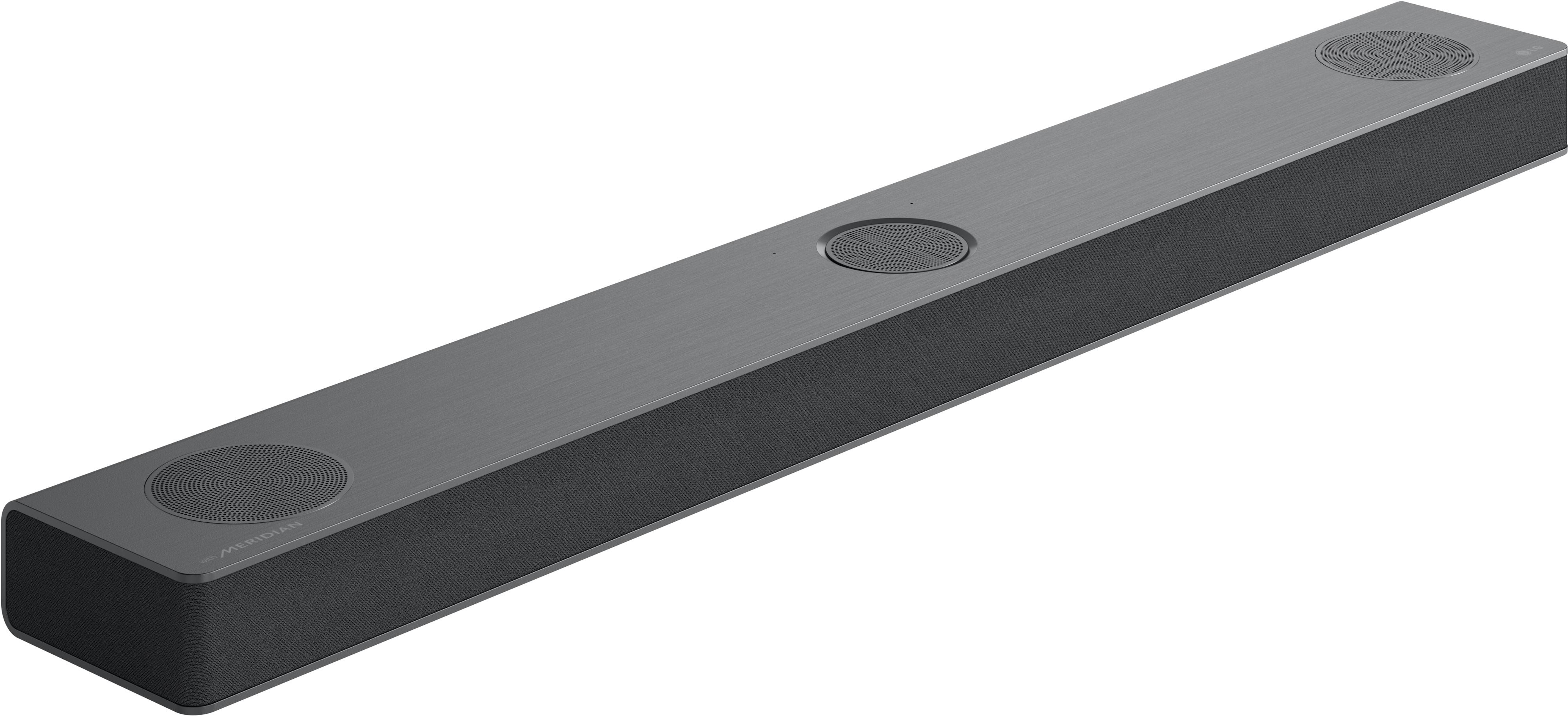 Graue Soundbar mit Lautsprechern, schlankes, modernes Design. Auf weißem Hintergrund.