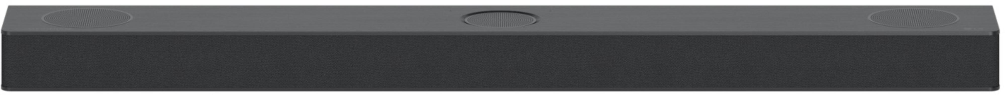 Eine lange, schwarze Soundbar mit zwei Lautsprechern an den Enden und einem in der Mitte.