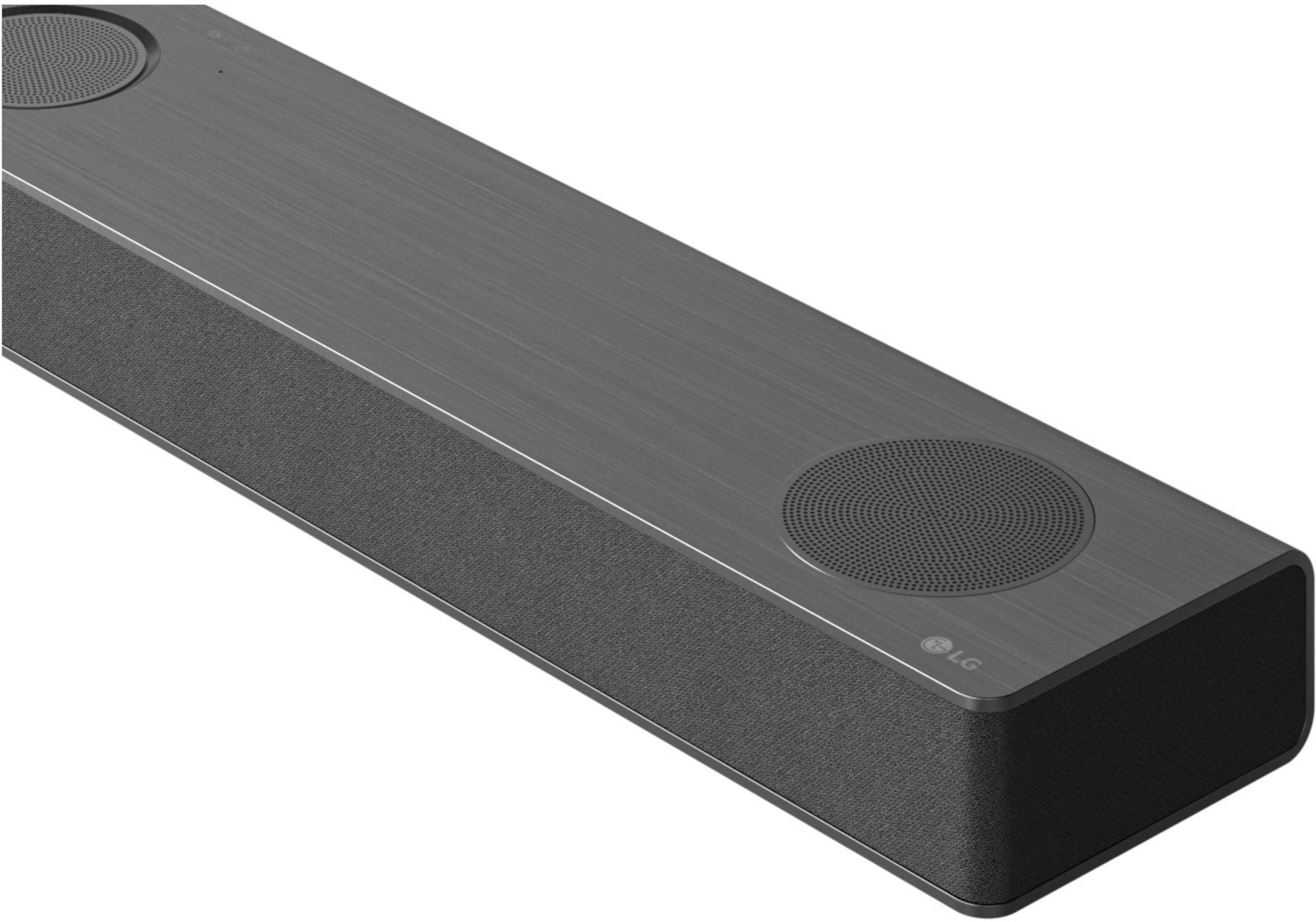 Eine dunkelgraue Soundbar mit zwei Lautsprechergittern.
