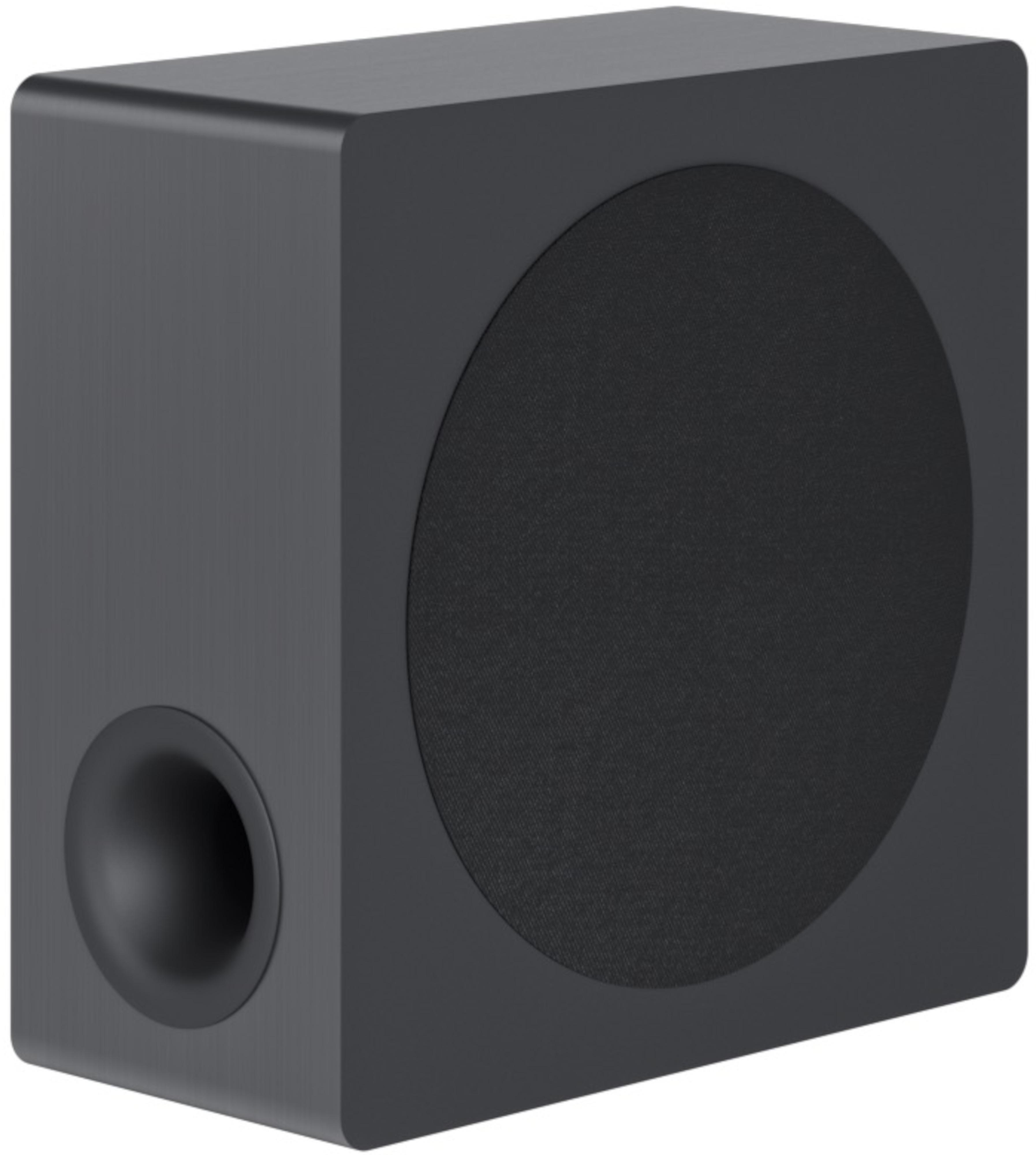 Schwarzer Subwoofer mit rundem Lautsprecher und einem Anschluss an der Seite.