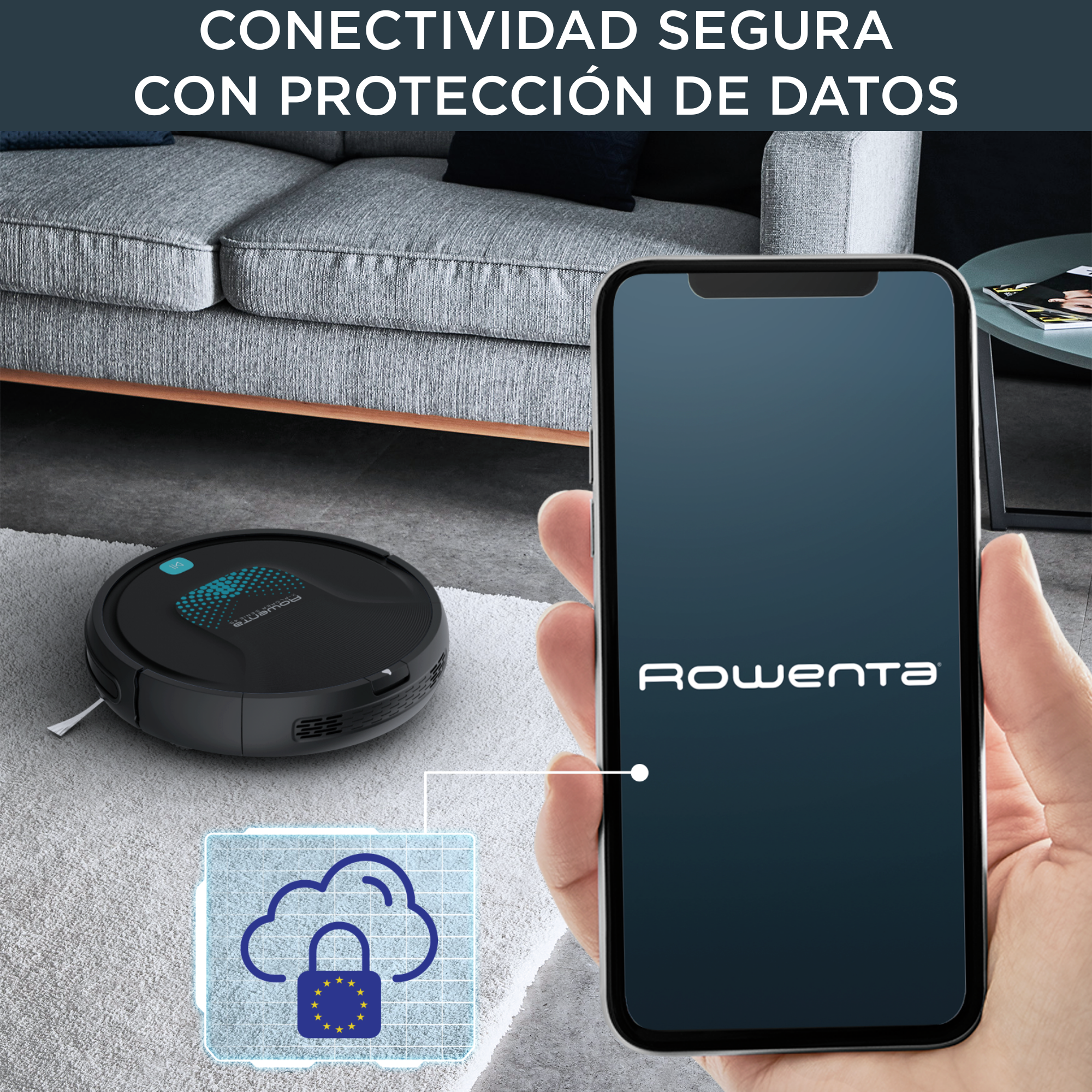 Una aspiradora robot en una alfombra blanca, con un teléfono que muestra el icono de la nube.
