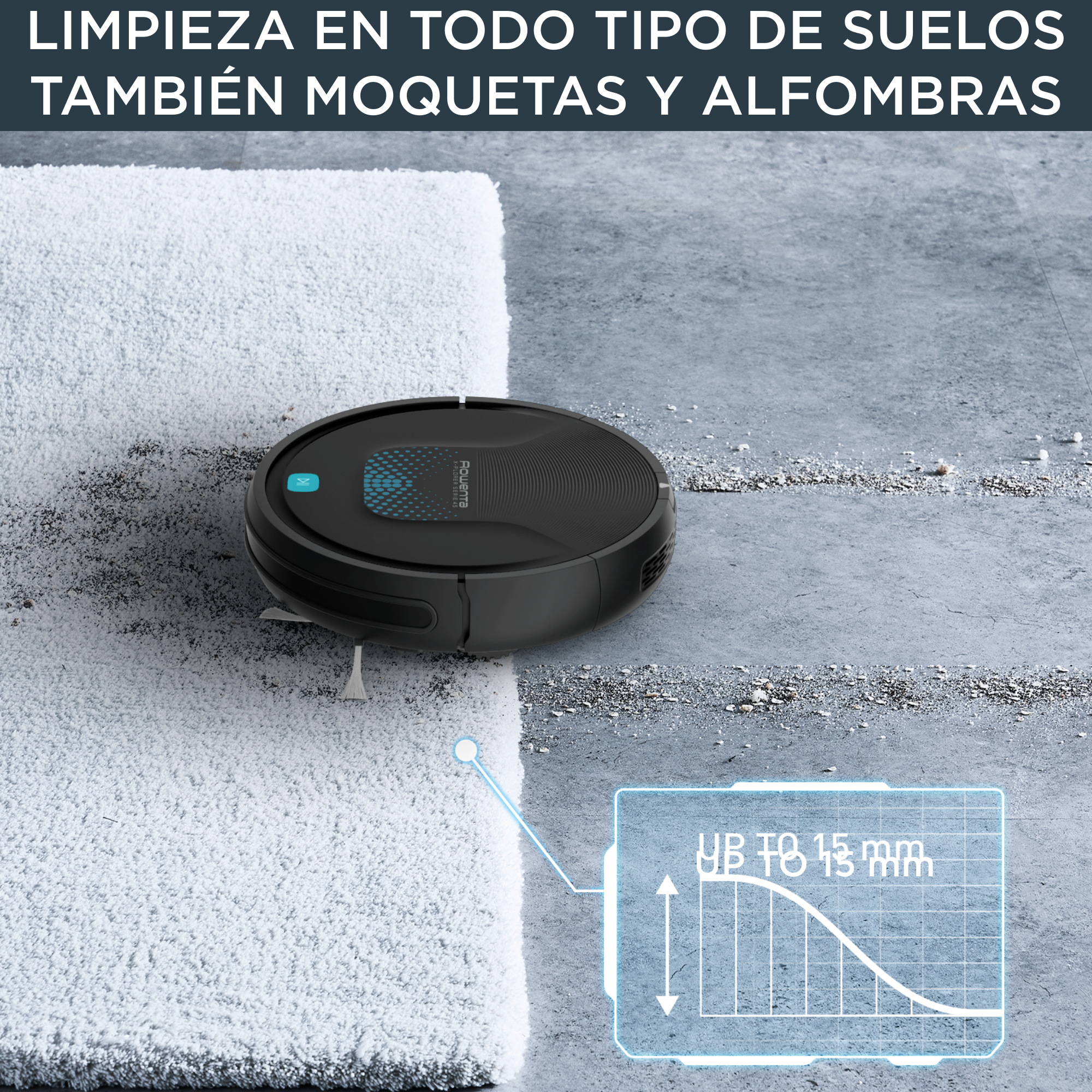 Robot aspirador limpiando un suelo, con texto en español sobre la limpieza.
