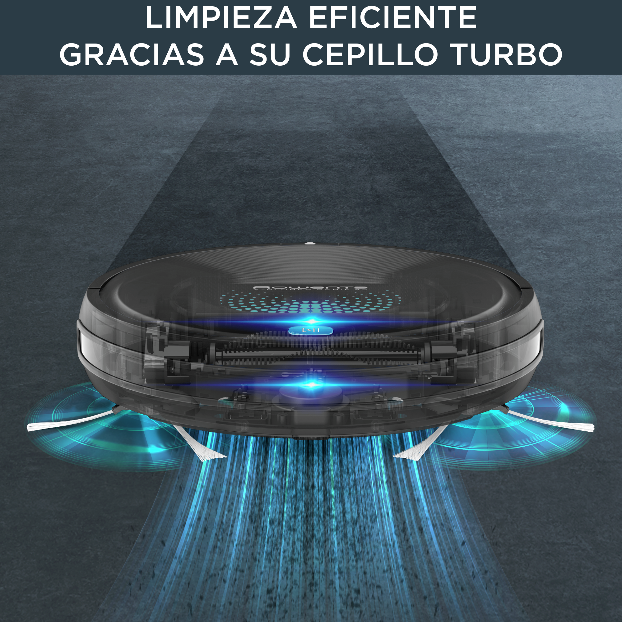 Una aspiradora robot negra limpiando un suelo gris, con haces de luz azul.