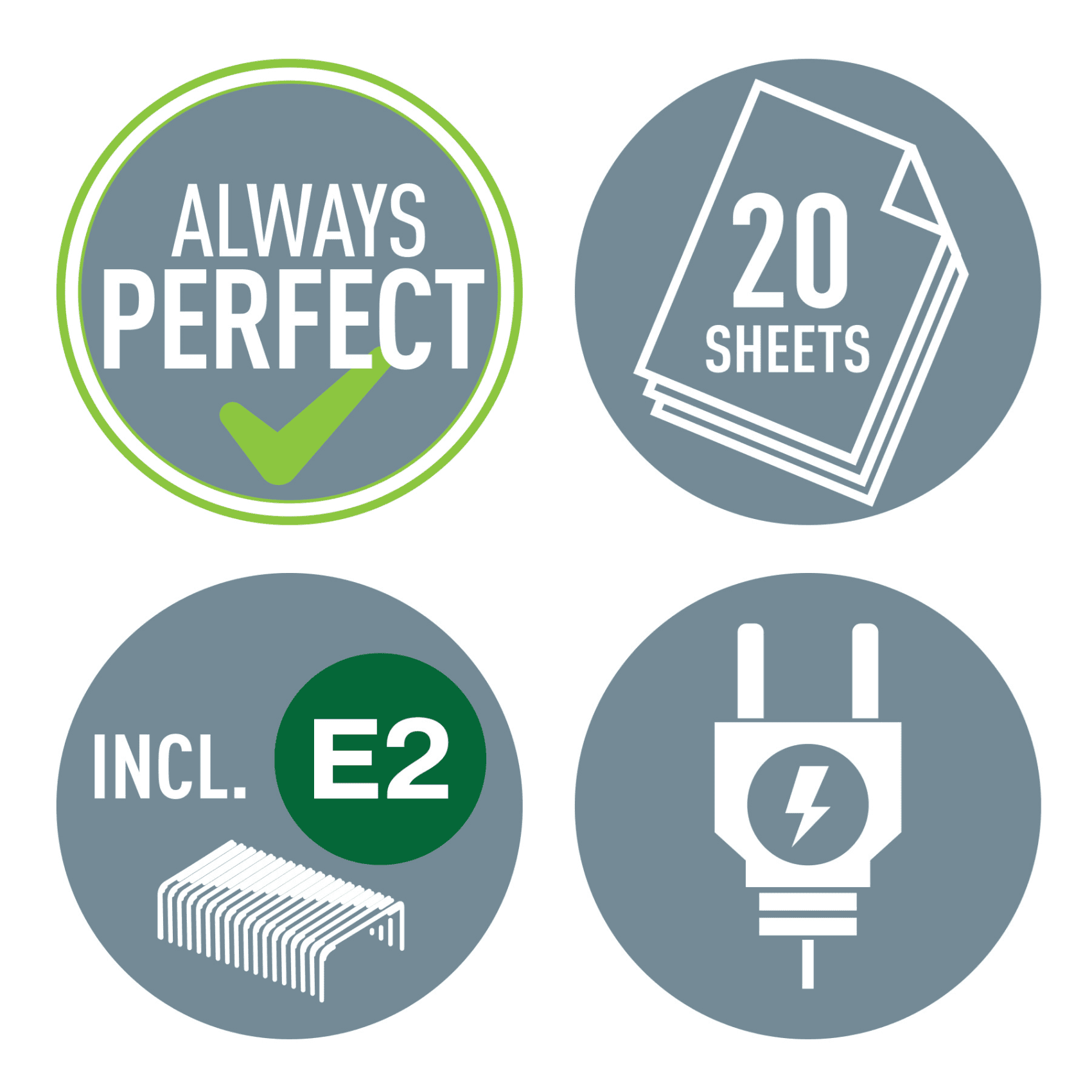 Négy kör alakú ikon: 'Always Perfect' pipával, '20 SHEETS', 'INCL. E2' kapcsokkal és dugó ikon.