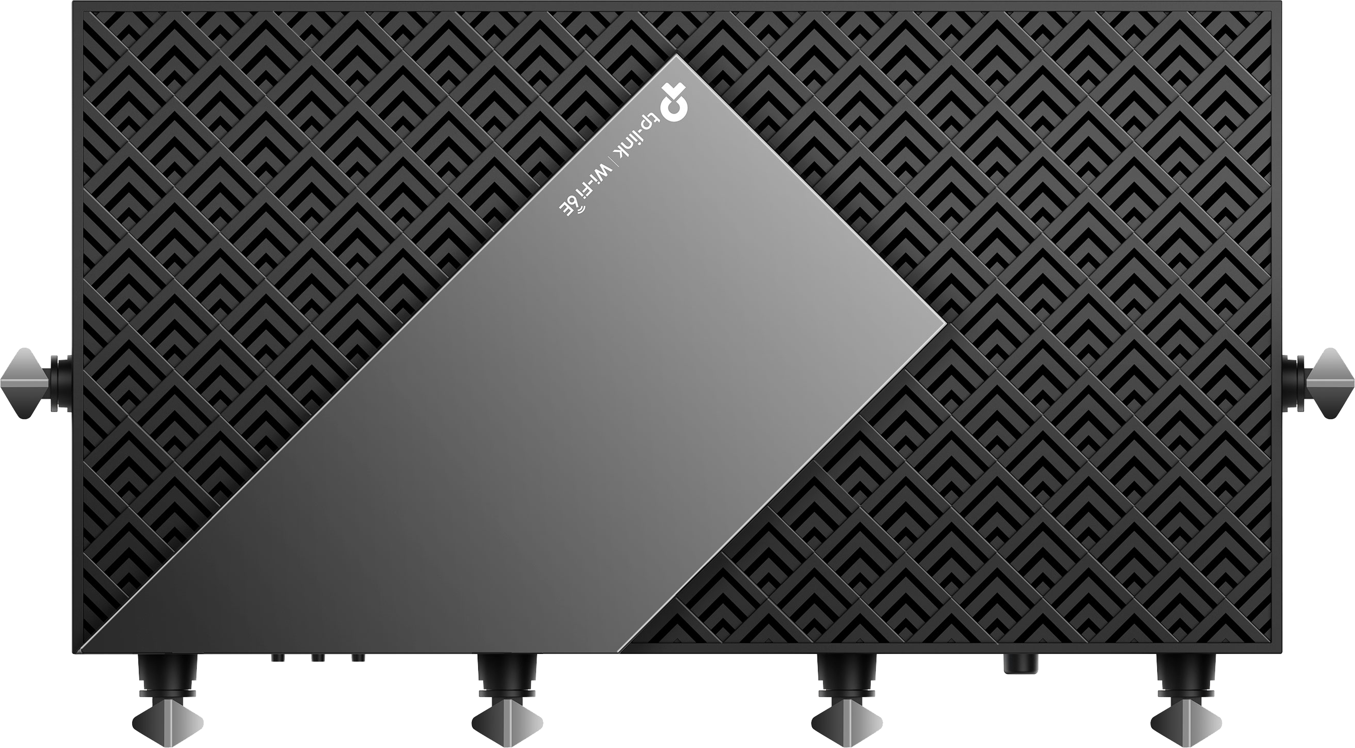 Zwarte router met een zilveren gedeelte. Het patroon is geometrisch. Zwarte achtergrond.
