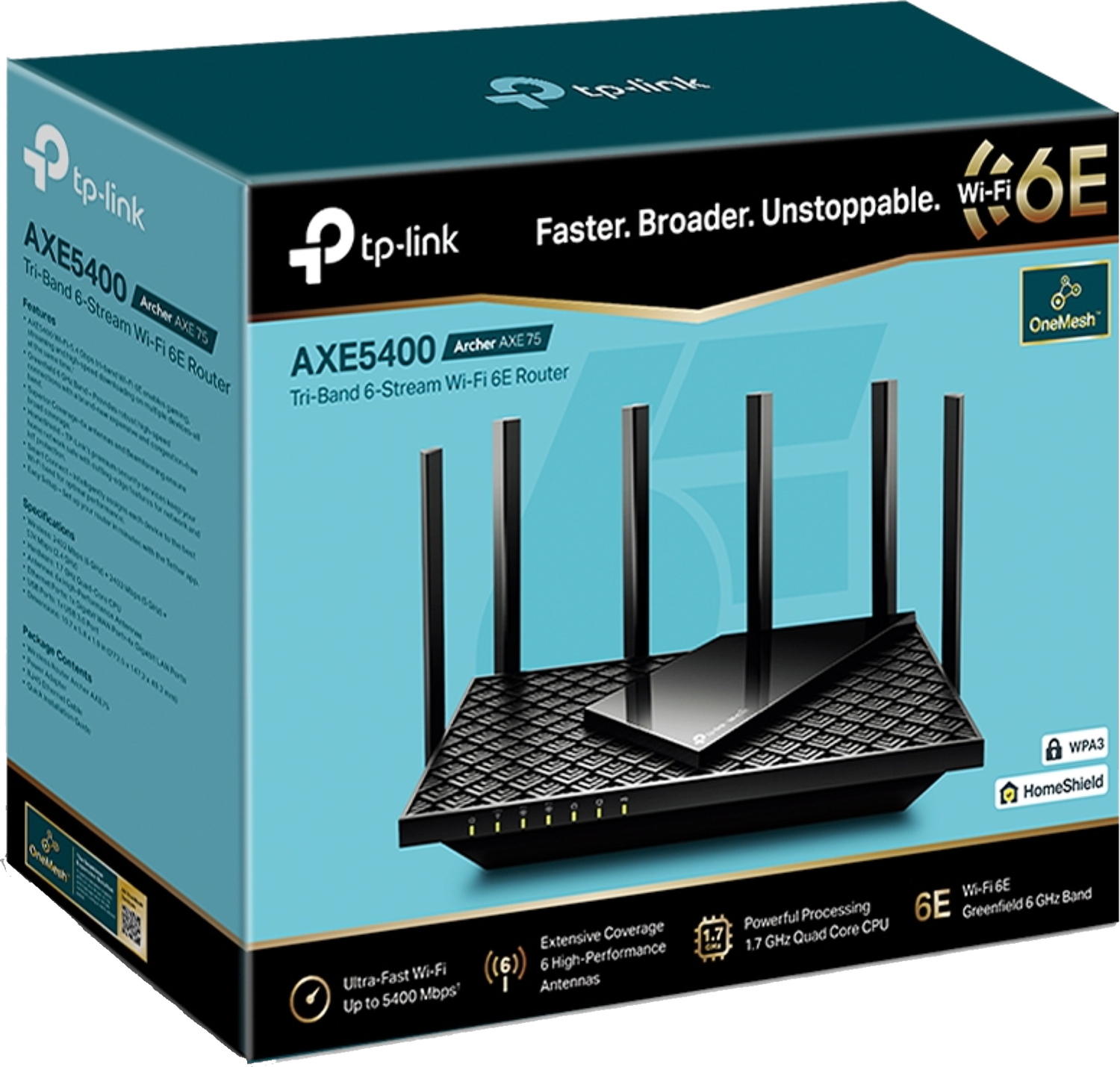 TP-Link Wi-Fi 6E routerdoos met het product en de functies.