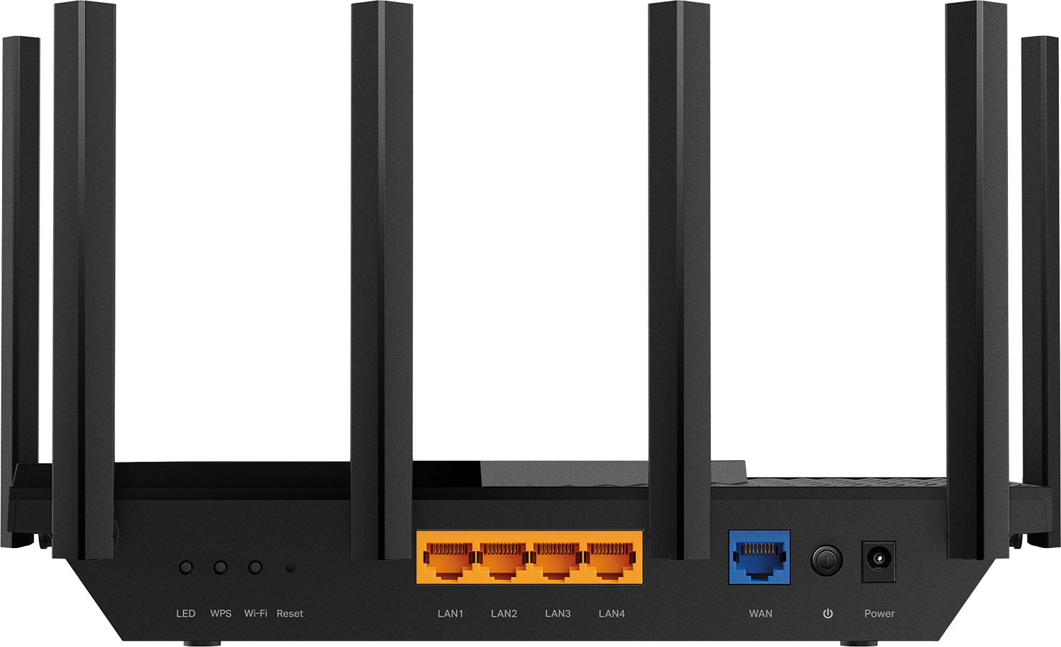 Zwarte router met antennes, poorten en knoppen. Zwarte achtergrond.