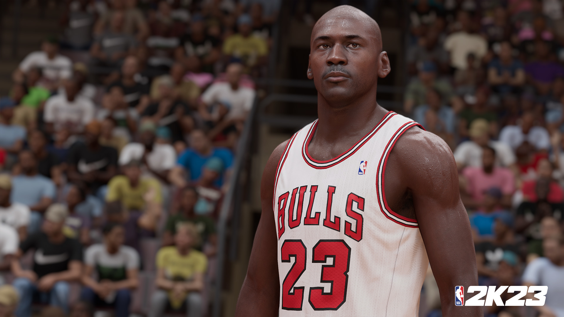 Michael Jordan in einem Bulls-Trikot auf einem Basketballfeld, 2K23-Logo in der Ecke.
