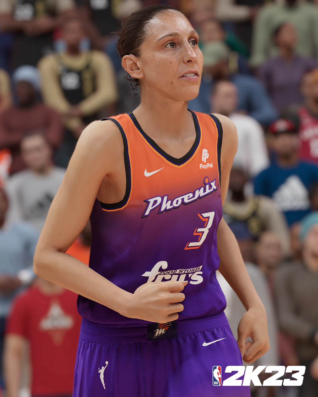 Eine Basketballspielerin im Phoenix Suns Trikot blickt nach oben. Das 2K23-Logo ist sichtbar.