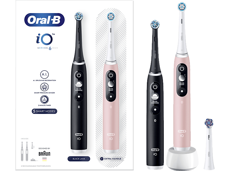 Cepillo eléctrico - Oral-B iO 6 Dúo, 2 Mangos De Alta Gama, Pantalla, 3 Cabezales de Recambio, Tecnología Braun, Negro y Rosa