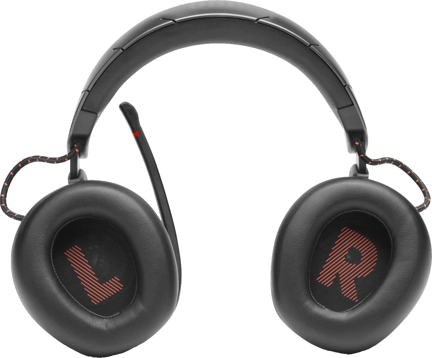 Zwarte gaming koptelefoon met microfoon. Oranje accenten op de oorschelpen en hoofdband.