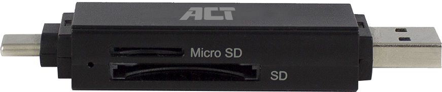 Fekete ACT kártyaolvasó Micro SD és SD kártyákhoz. USB és USB-C csatlakozóval rendelkezik.