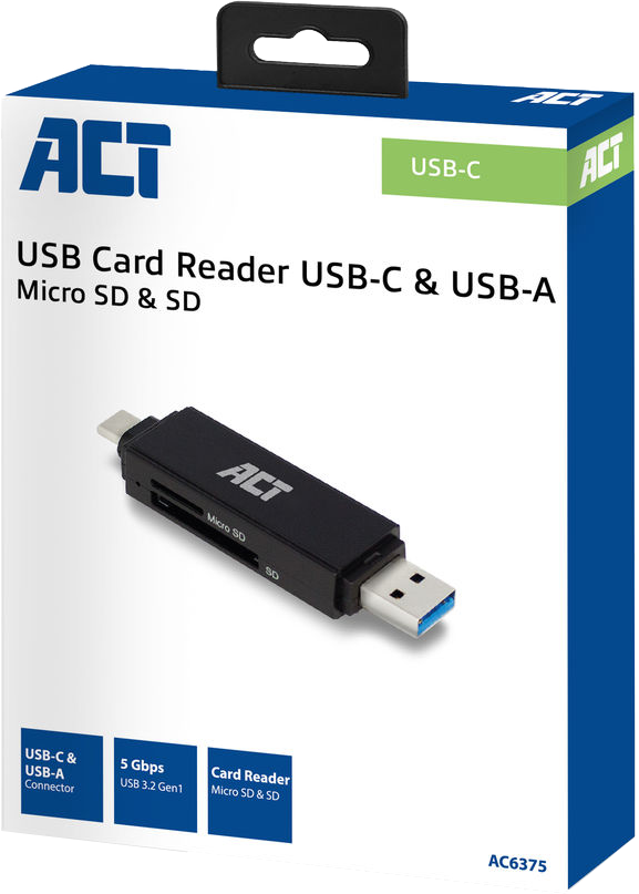 USB kártyaolvasó dobozban, fekete, USB-C és USB-A csatlakozókkal, fehér és kék.