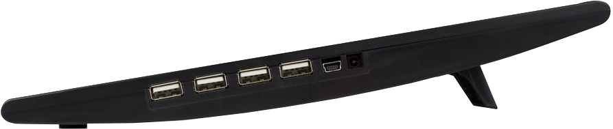 Egy fekete számítógépállvány oldalsó nézete, több USB-porttal és egy tápcsatlakozóval.