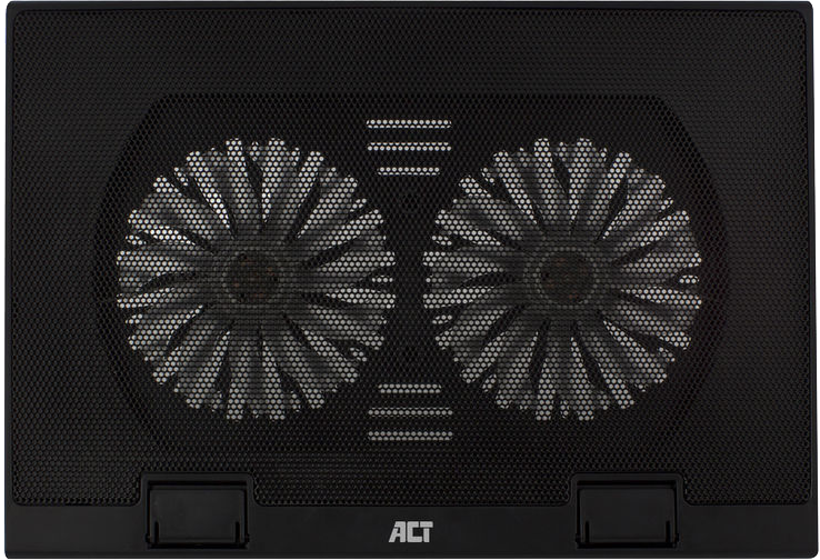 Egy fekete laptop hűtő két ventilátorral, amelyek a hálón keresztül láthatók.