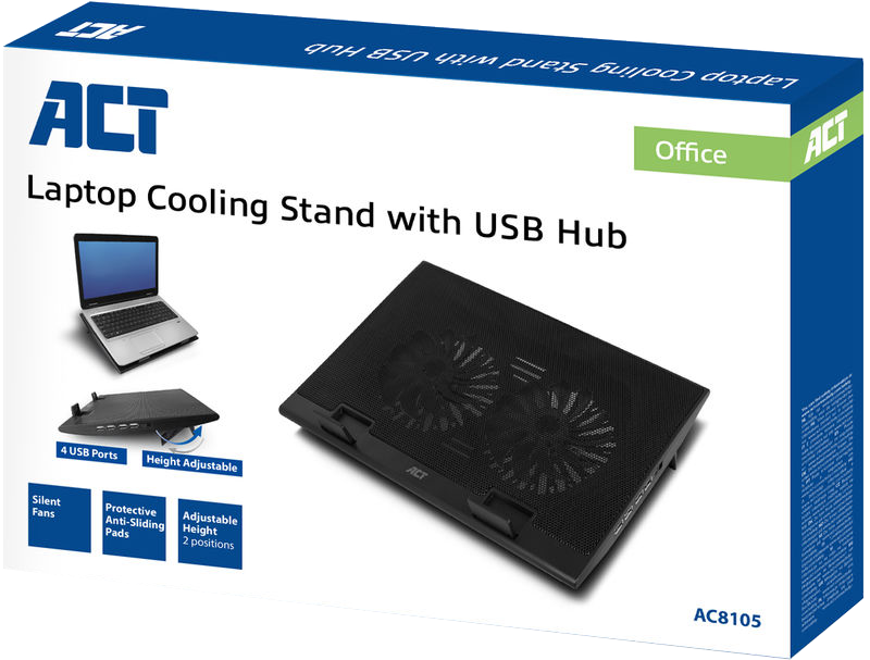 Laptop hűtőállvány doboz, laptop illusztrációval, USB portokkal és állítható magassággal.