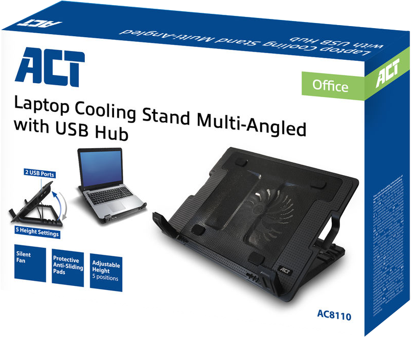 Fekete laptop hűtőállvány ventilátorral, USB hubbal és egy laptop-pal, szöveggel és grafikával.