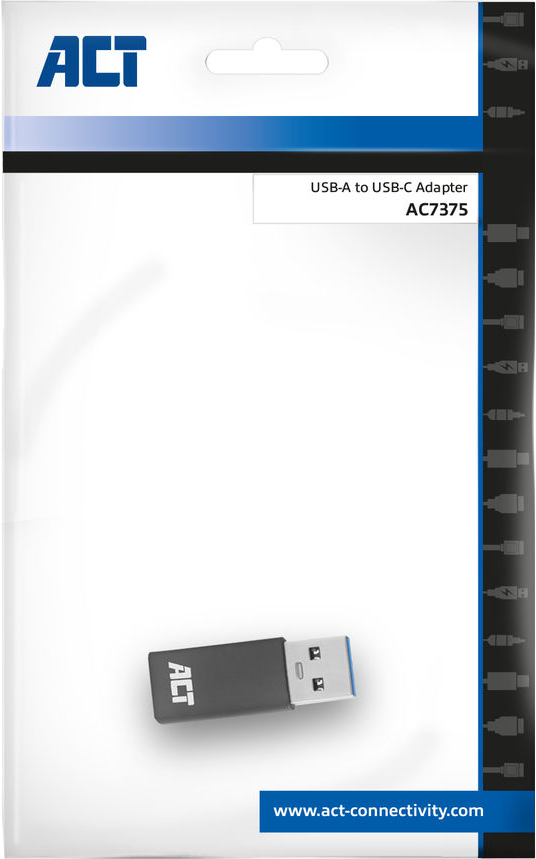 Egy USB-A-USB-C adapter fehér csomagolásban, ACT logóval és termékinformációval.