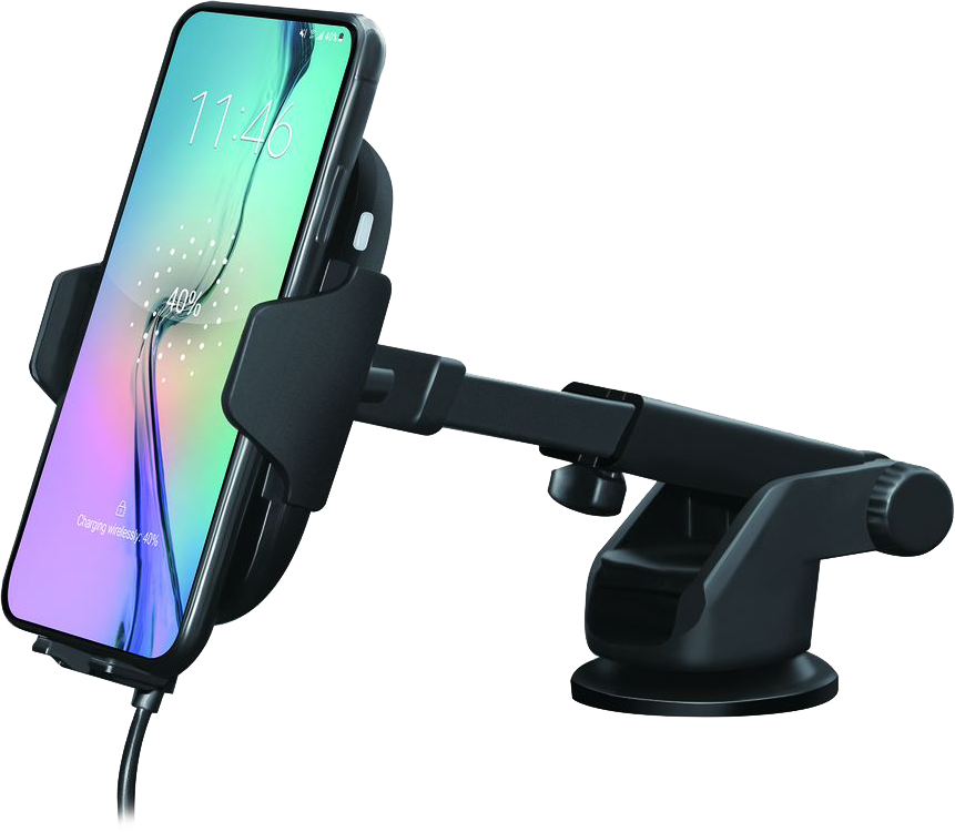 Fekete telefon autós tartóban, vezeték nélkül töltve. A telefon töltési felületet jelenít meg.