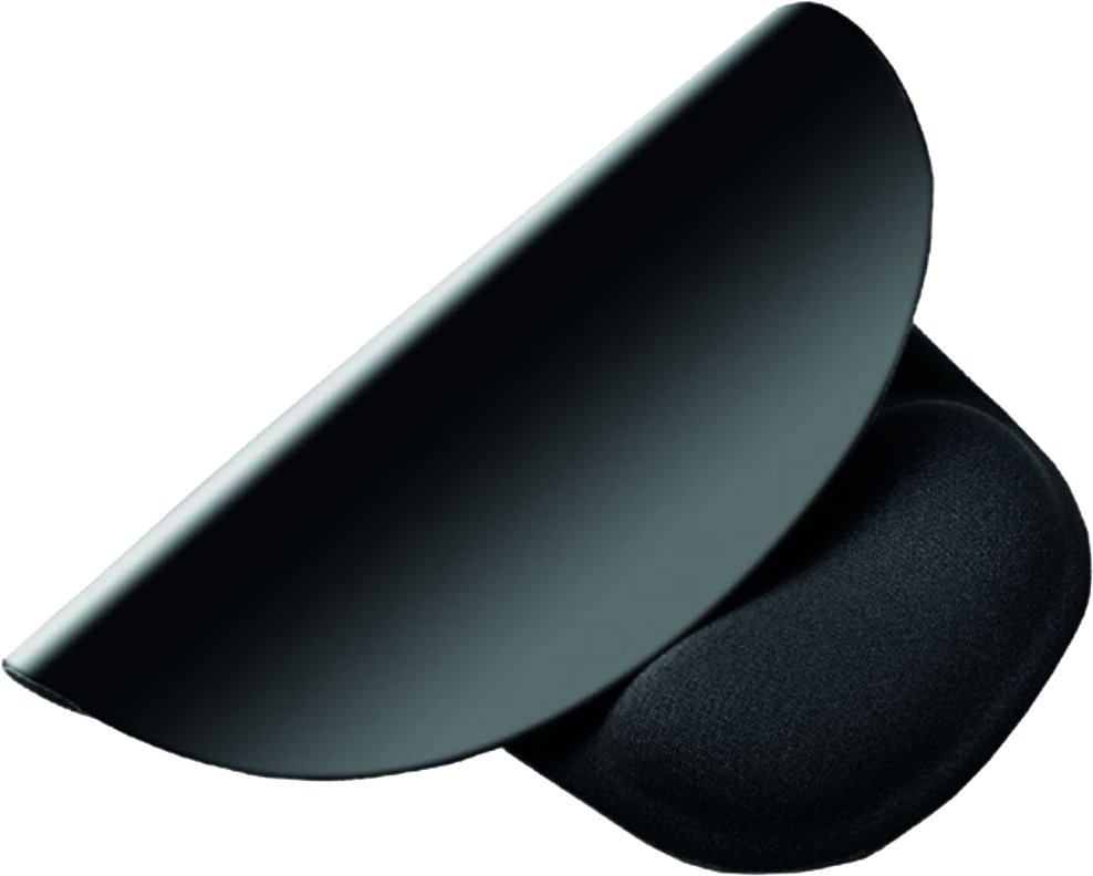 Fekete ergonomikus egérpad. A teteje fekete és ívelt.